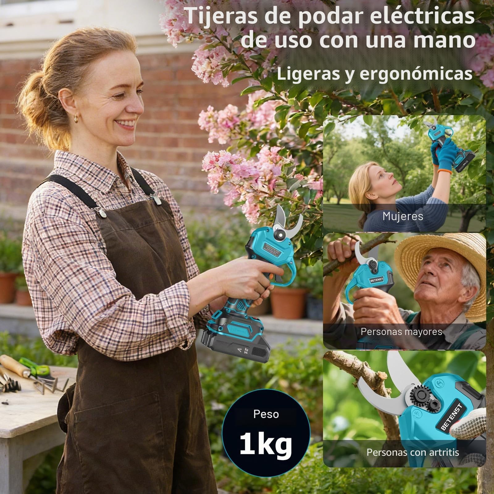 Tijeras de Podar Eléctricas Sin Escobillas, BETENST Tijeras de Podar Batería 21V con 2 Batería 2.0Ah, Hoja SK5, Pantalla LCD Tijeras de Jardín Profesionales Para Huertos, Jardinería y Granjas