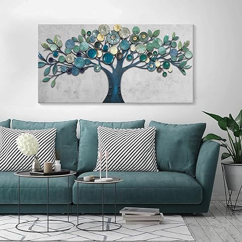CHATYOUNG Wall Art Living Room - Large Teal Blue Tree of Life Abstract Landscape Painting Modern Print Artwork for Dining Room Bedroom Bathroom Office Home Decor 48