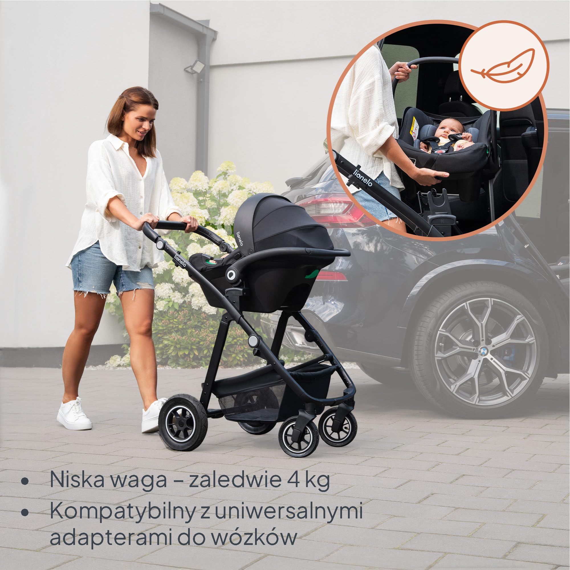 Lionelo Astrid i-Size zestaw fotelika samochodowego 40-87 cm z podstawą ISOFIX i podpórką, R129 i-Size nosidełko dla niemowląt 0+, ADAC 5 Safety, skierowany tyłem do kierunku jazdy, kompatybilny z