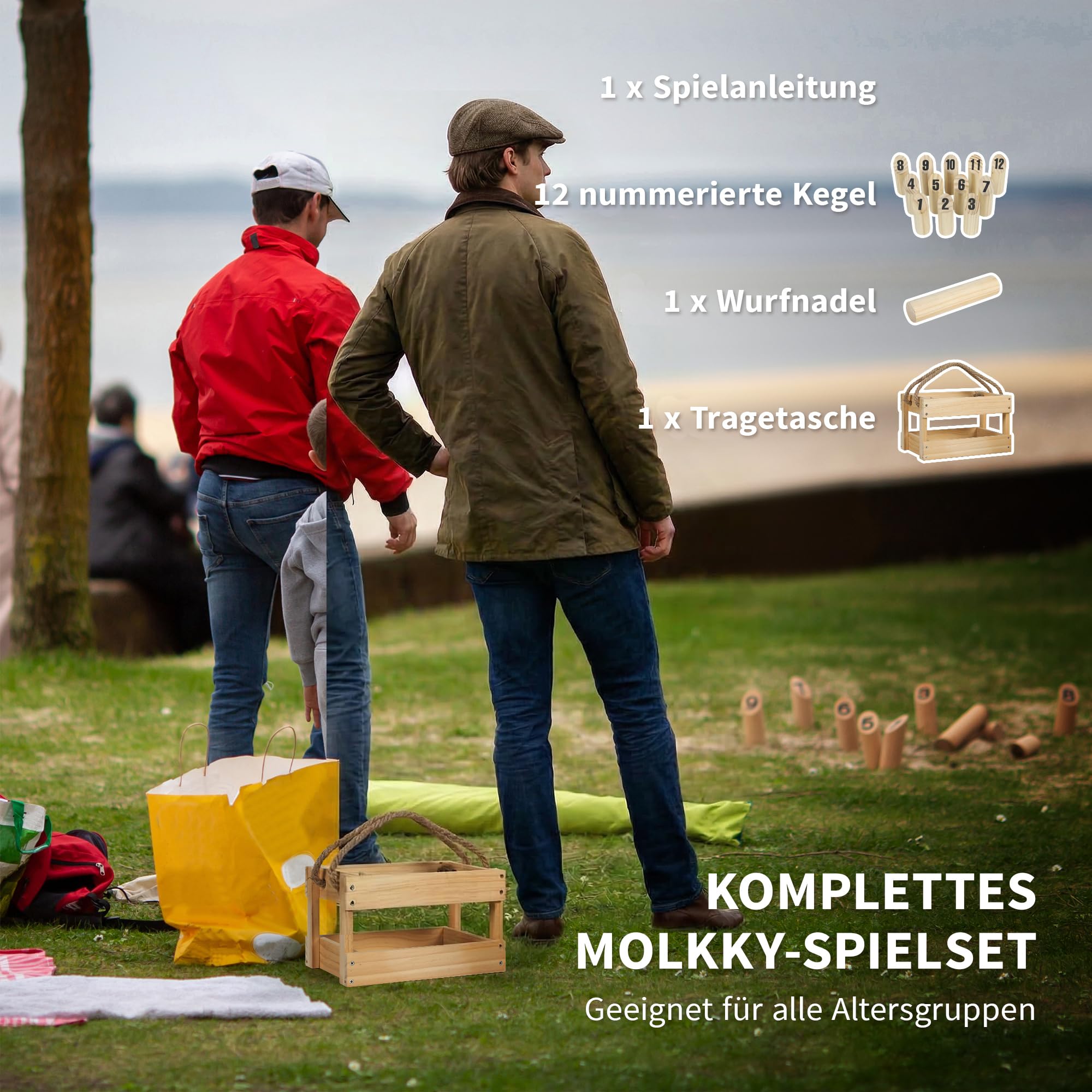 SPORTNOW Mölkky Gioco di lancio in legno Kubb gioco vichingo con 12 skittles, 1 piano, per famiglia, gruppi di giardino, picnic, spiaggia, tempo libero