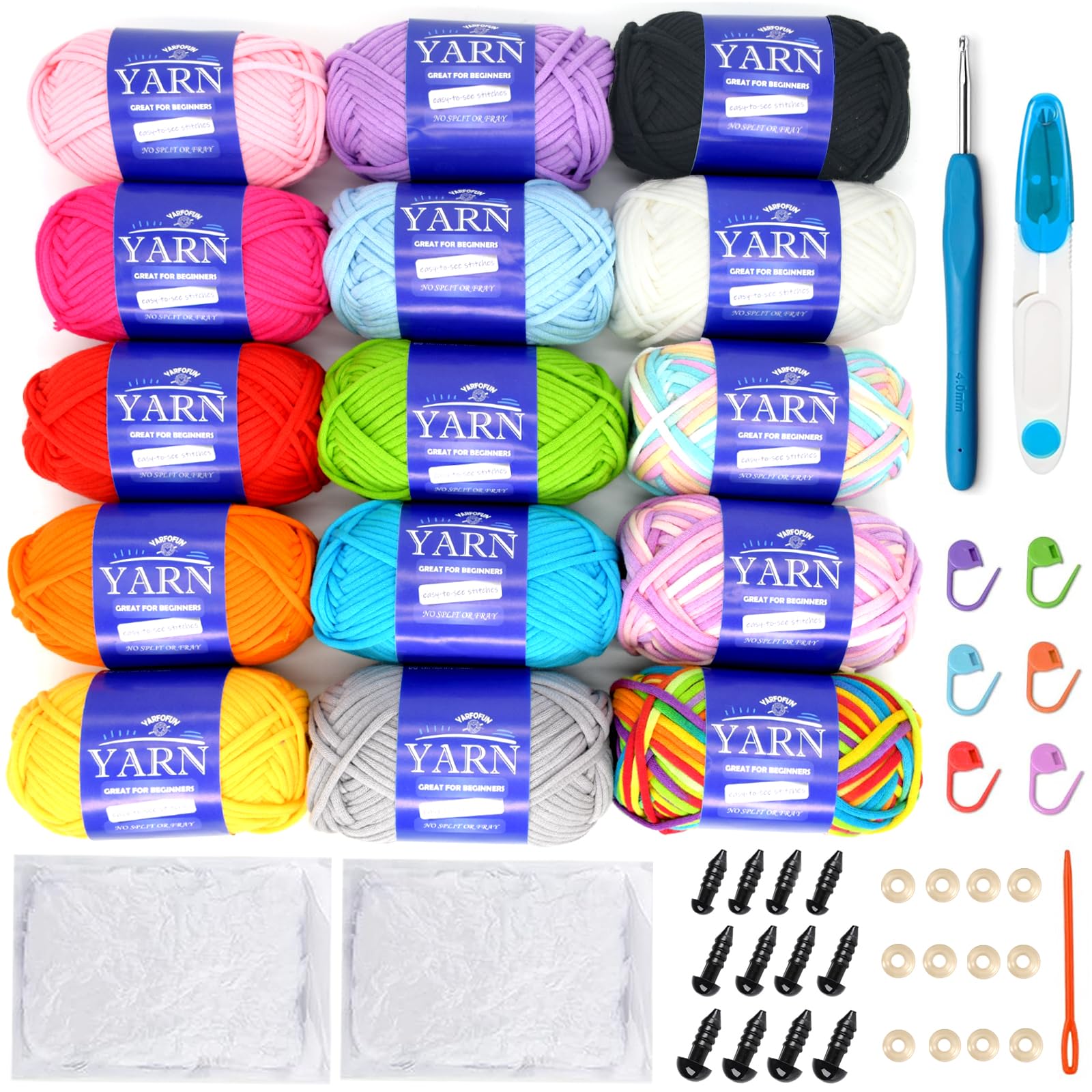 15 Pack Beginners Crochet Yarn Blue Green Pink Red Yellow Rainbow Cotton Crochet Yarn for Crocheting Knitting Beginners with Easy-to-See Stitches Multicolor Crochet Yarn for Beginners(15 * 50g)