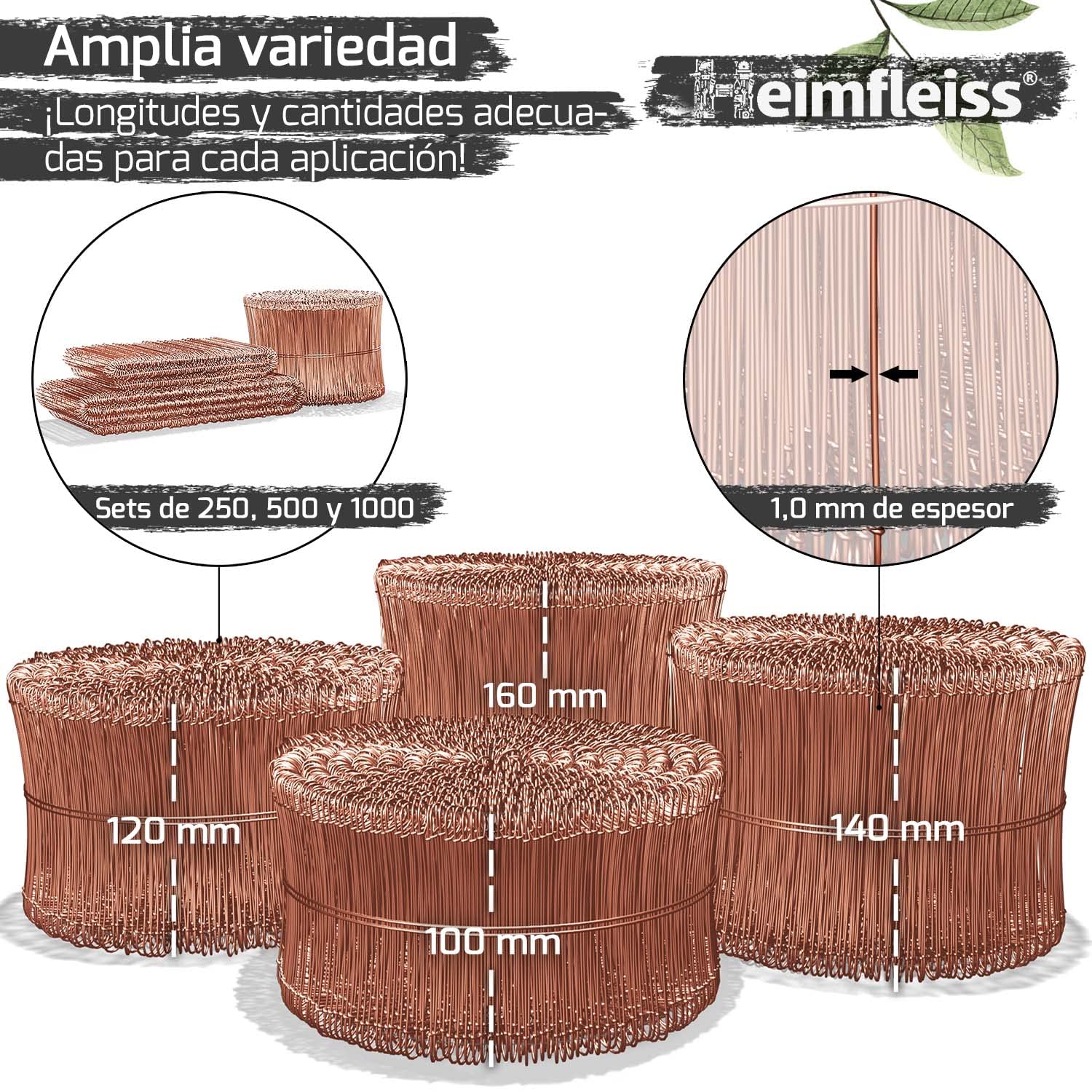 Heimfleiss® Alambre de Atar Hormigón 1,0 x 100-160 mm (1000 uds.) - Cobreado Con Ojales Para Retorcedora - Cierre Para Saco