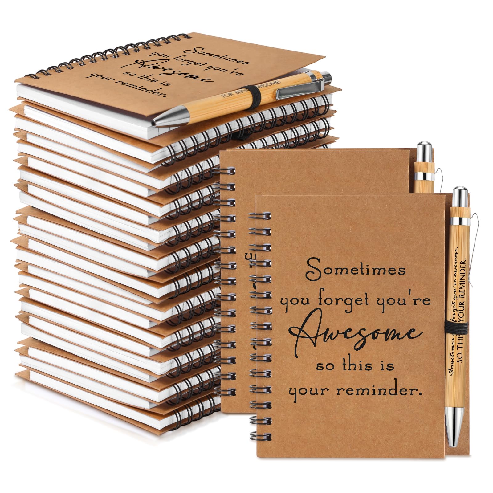Honoson 30 Sets Spiral Notebooks Sets Employee Thank You Gifts Inspirational Journals with Retractable Bamboo Pens Bulk Encouragement Notepad for School Teacher, Awesome Sign