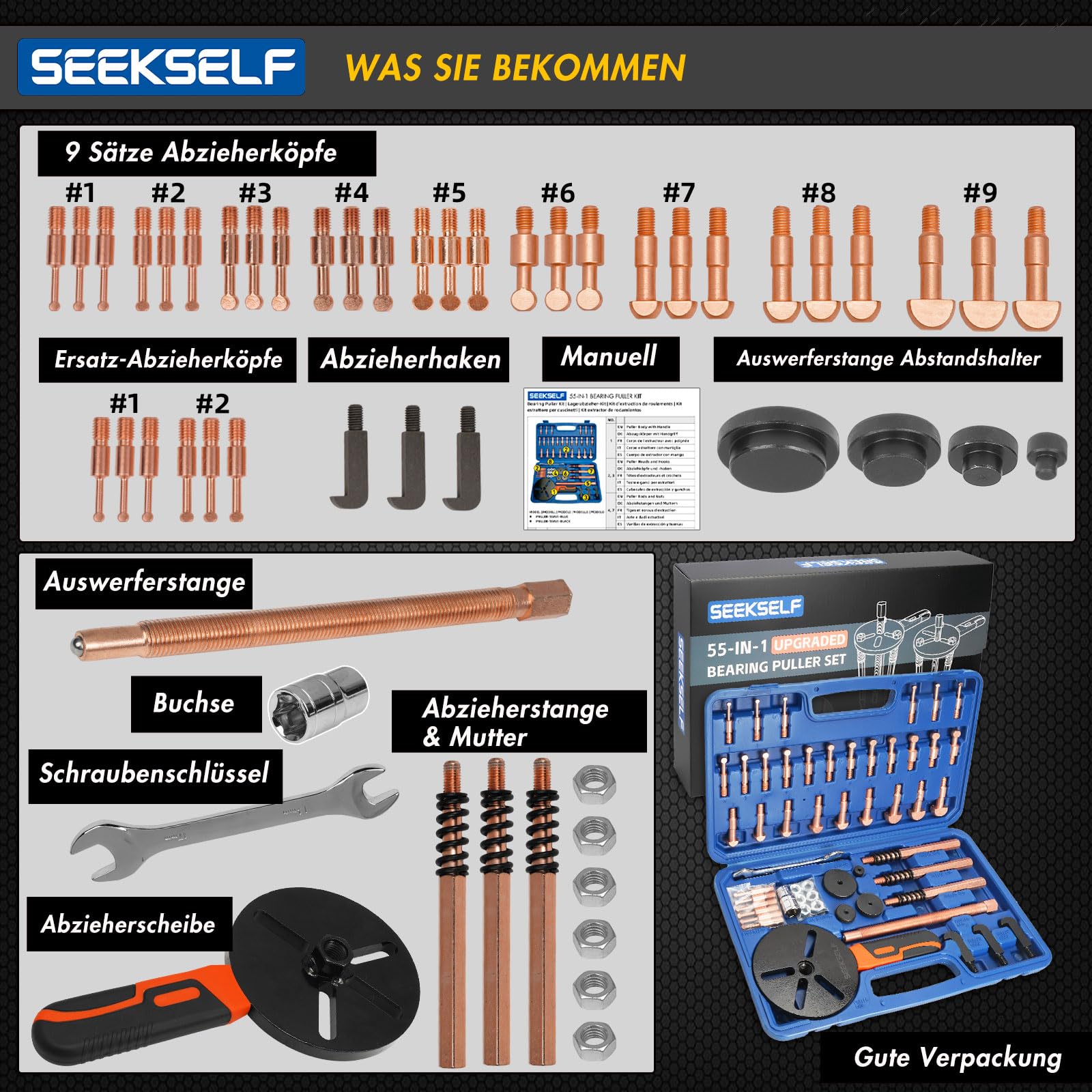 55-IN-1 Lagerabzieher-Kit, Sacklochlager-Abzieher-Set, inneres äußeres Lagertrennwerkzeug, internes externes Lagerausbau-Getriebesplitter-Zugwerkzeug, Blaue Aufbewahrungsbox
