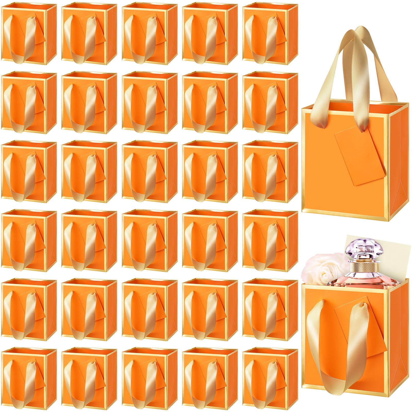 Yeaqee 50 Pcs Mini Metallic Paper Gift Bags with Handles 4x2.75x4.5'' Tiny Small Gift Bags with Thank You Tag for Wedding Graduation Birthday Party Return Gifts Jewelry Business (Orange,Gold)