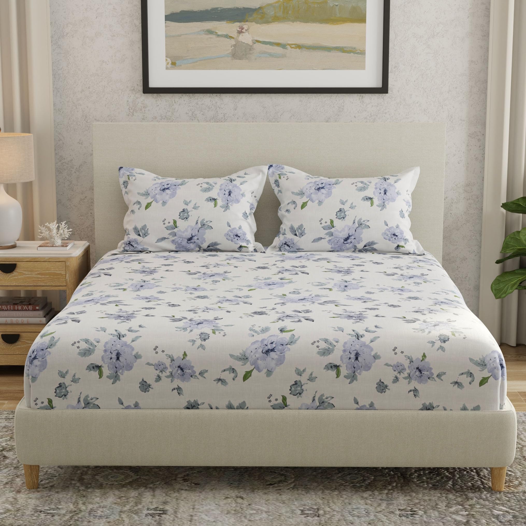 Huesland by Ahmedabad Cotton 144 TC Cotton Elastic Fitted Bedsheet King Size with 2 Pillow Covers | 72 x 78 inches-image-29