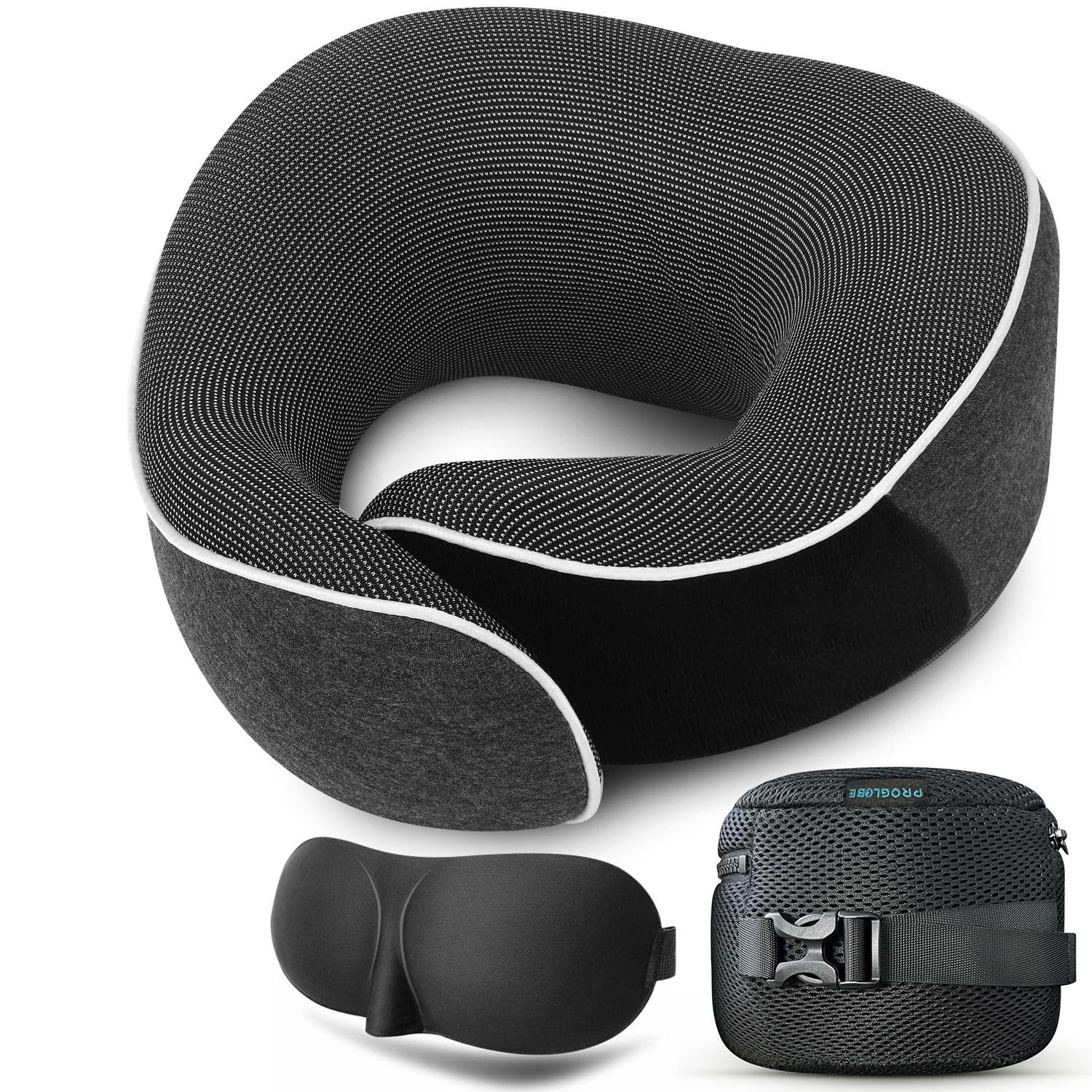 Travel Neck Pillow 100% Memory Foam – Airplane & Car Travel Essentials Kit with 3D Eye Mask, Earplugs & Mesh Bag – Sleeping Support Pillow for Adults (Dark Grey)