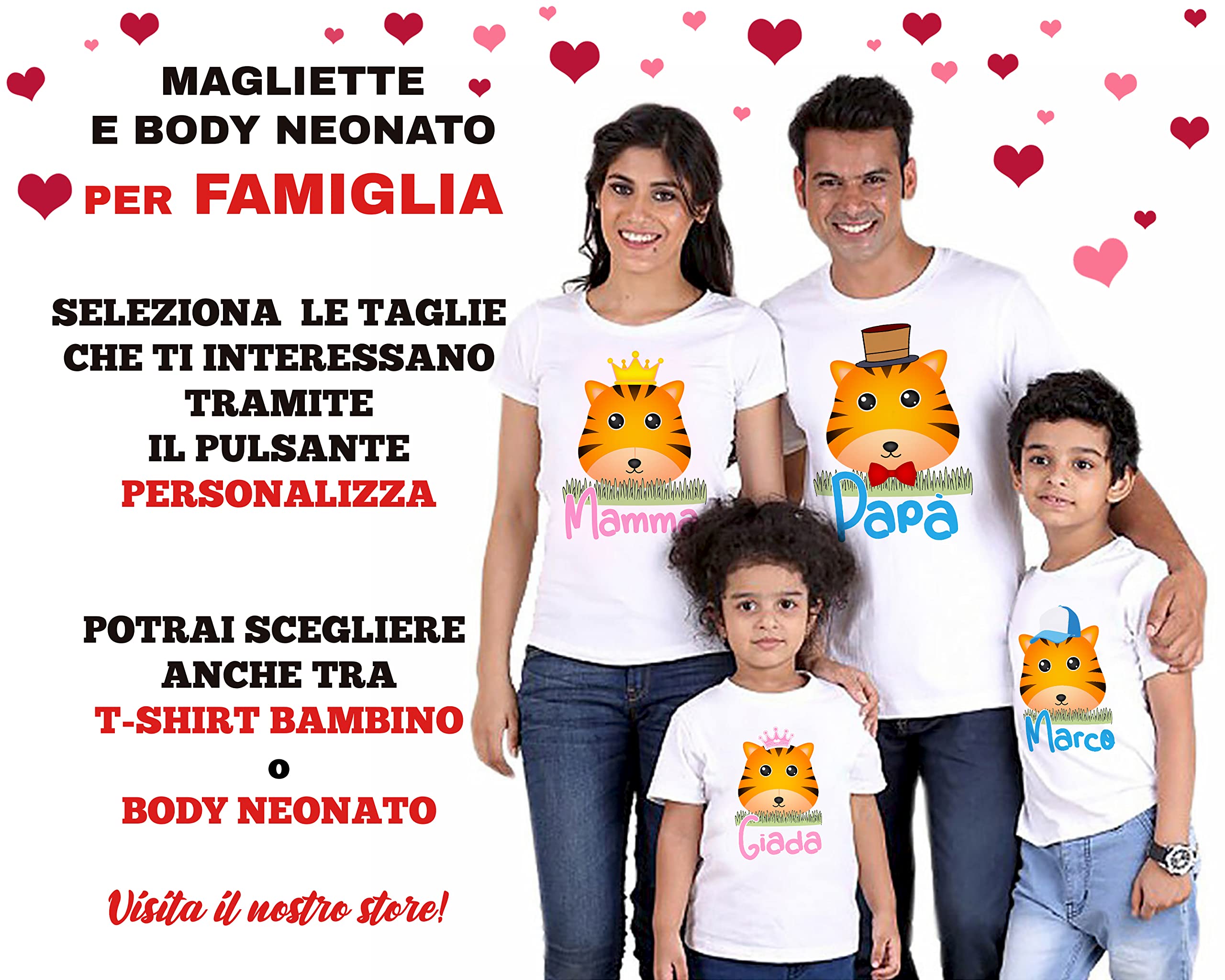 Overthetee Set Magliette Famiglia Personalizzate con Nome, 4 Capi T Shirt e Body Neonato Tema Animali, Coordinati Genitori e Figli in Cotone