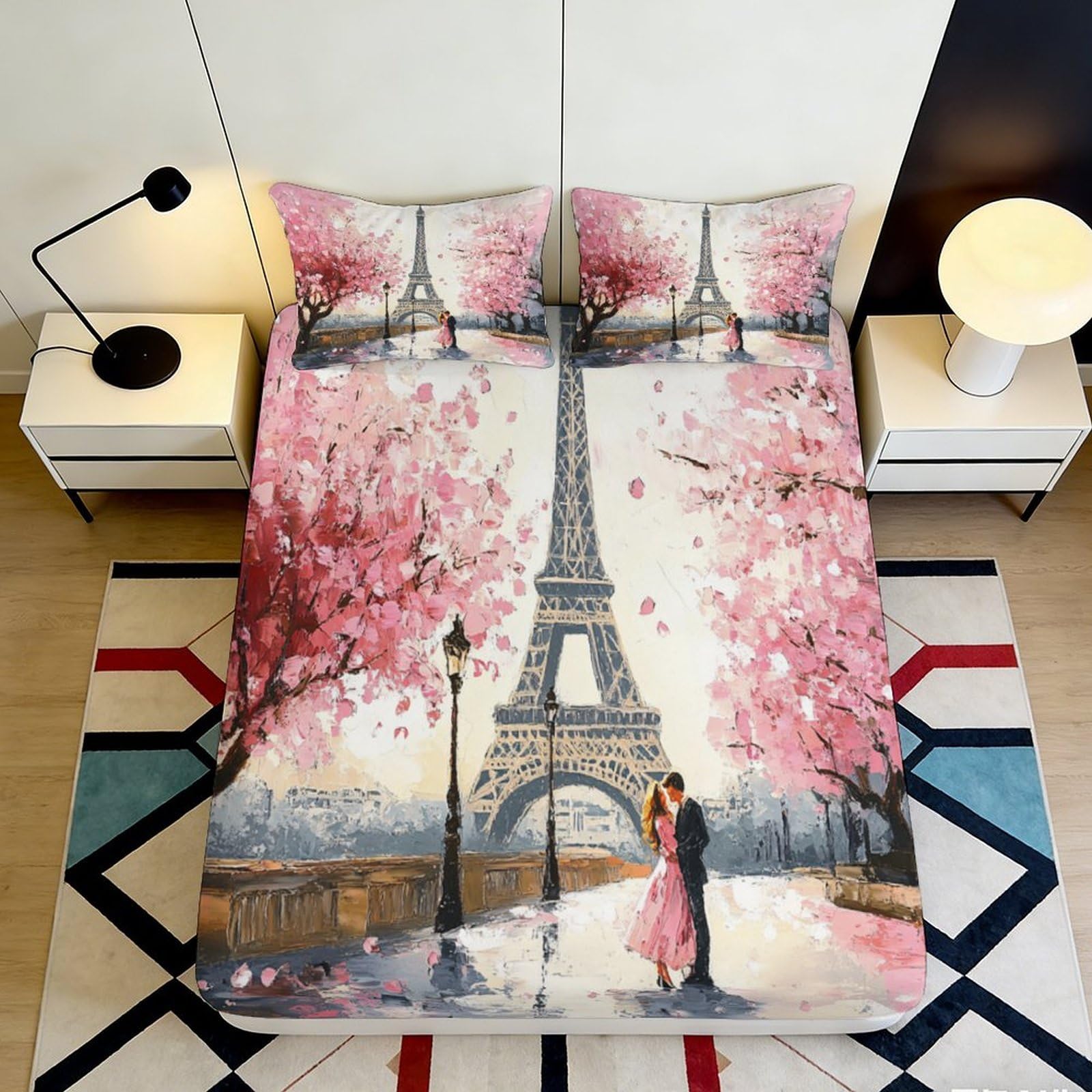 3D Printed Eiffel Tower Blossom Fitted Sheet Microfiber Anti-Slip Romantic Paris Bed Cover for Bedroom Guestroom 90x200x25cm
