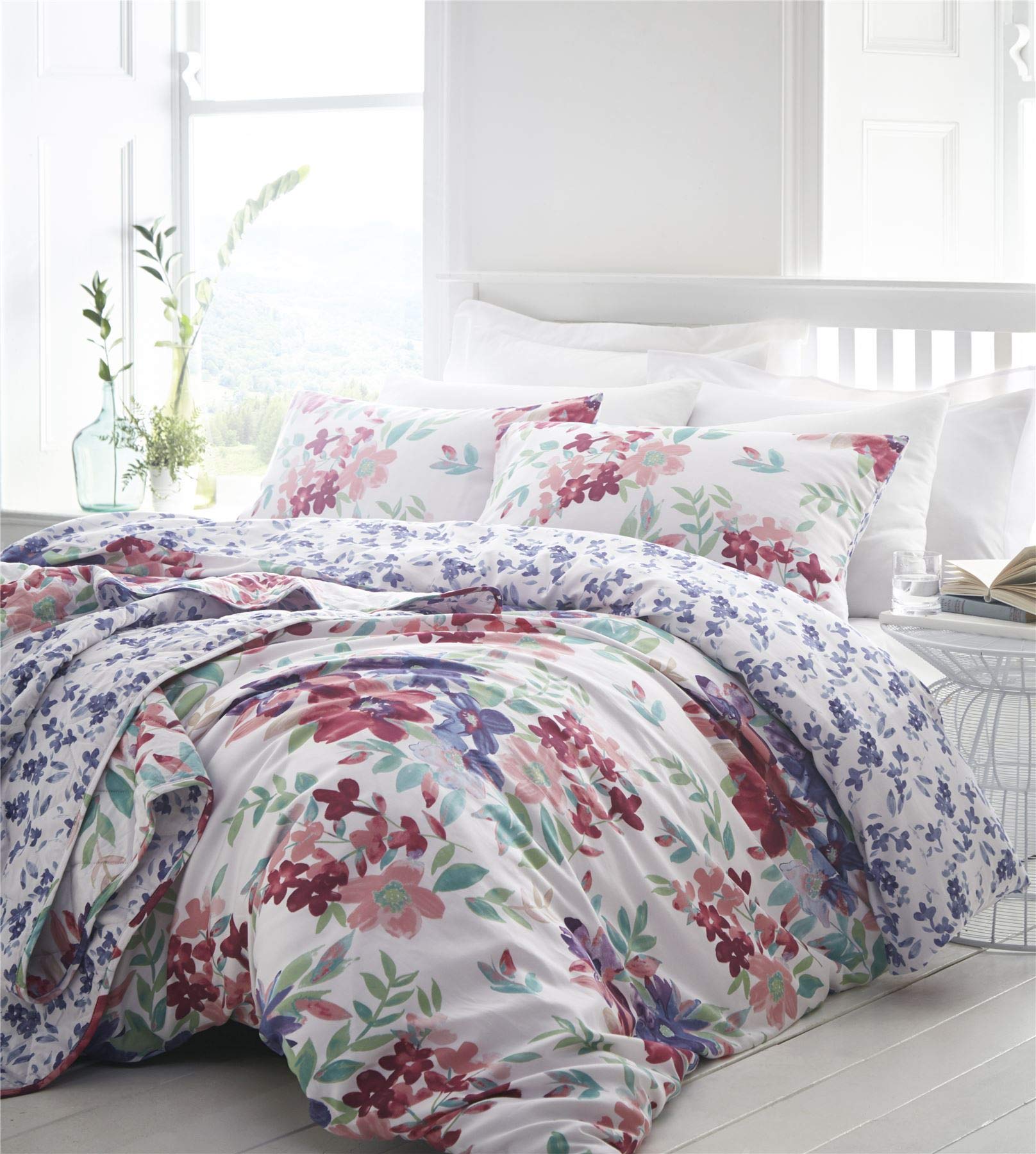Kew Watercolour Floral Duvet Cover and Pillowcase Bed Set, Percale Cotton, Fuchsia, King