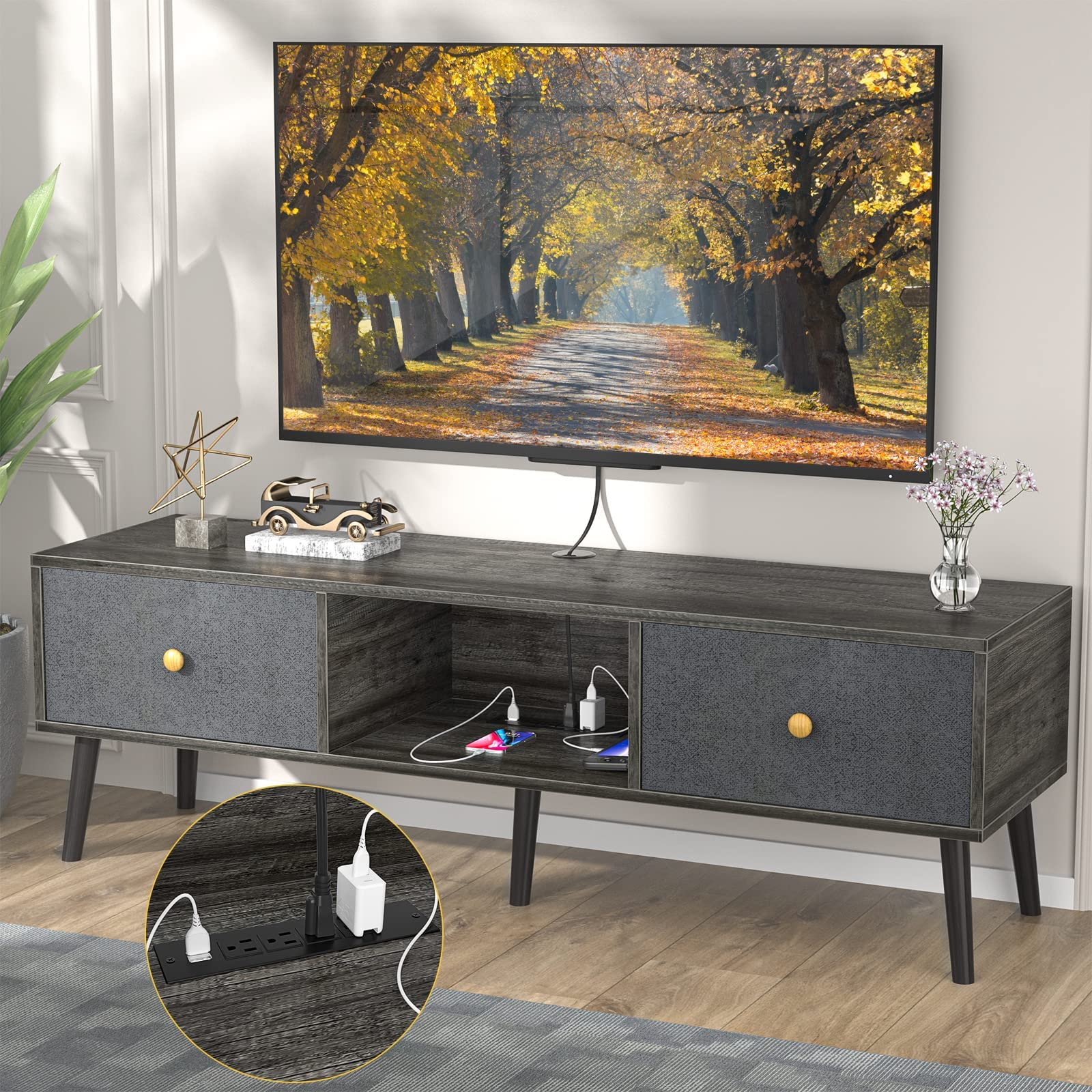 Unikito 55 inch TV Stand up to 65‘’, TV Cabinet with Power Outlet, Entertainment Center with Drawer Storage and Open Shelves, Media Console Table for Living Room Bedroom, Gray Oak Mid Century TV Stand