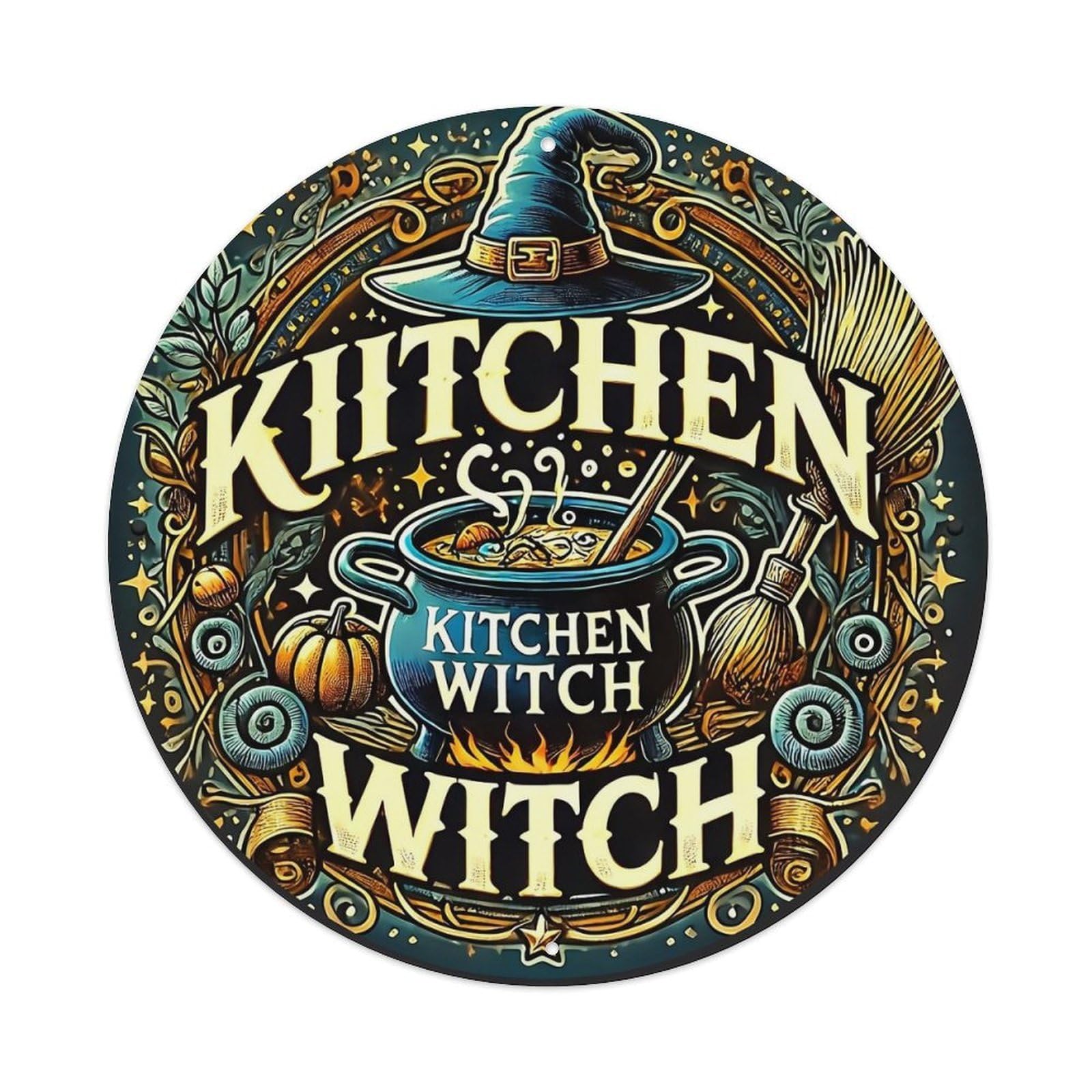 Witch Hat Cauldron Pumpkin Broom Stars Round Tin Sign Vintage Metal Sign Home Bar Garden Indoor & Outdoor Wall Decor Retro Metal Poster 8x8 Inch