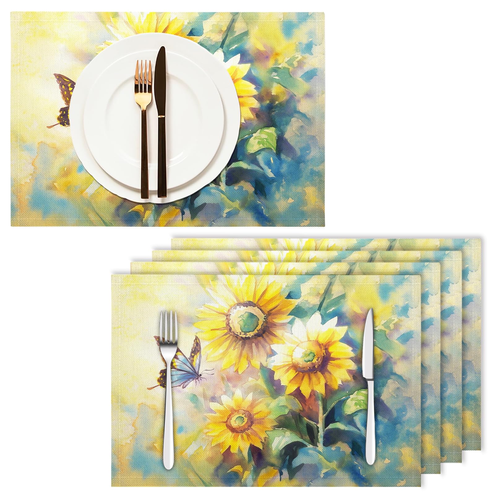 Set di 8 Tovagliette Americane Lavabili Cotone Lino Retrò - Tovaglietta Americana Resistenti al Calore Durevole Farfalla girasole - per Colazione Pranzo 30×45 cm