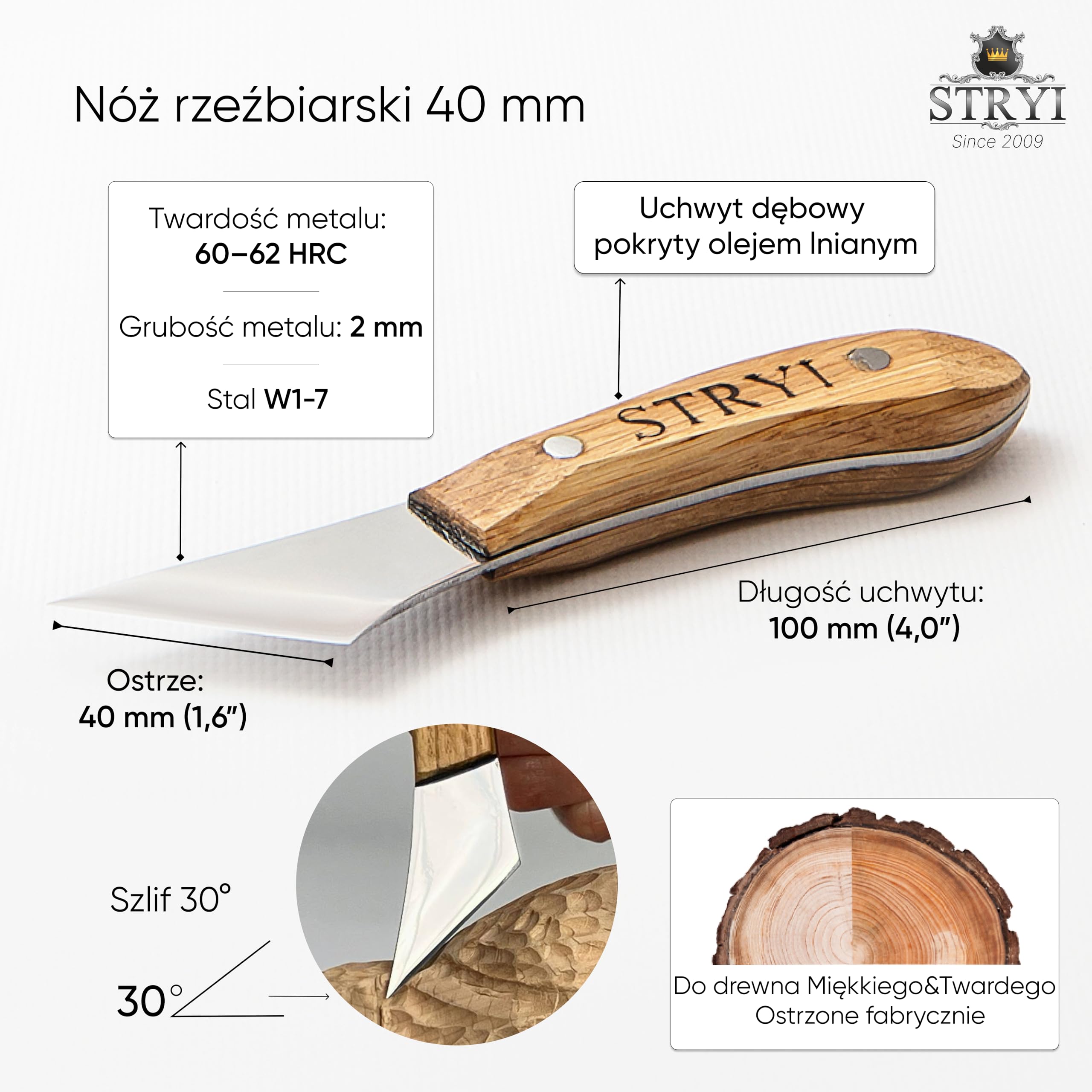 STRYI Profi Nóż do rzeźbienia 40 mm – Ręcznie wykonany premium nóż snycerski z hartowanej stali węglowej (60 HRC) – Idealny do prac detali­cznych i rzeźbienia figur – Ergonomiczny uchwyt z drewna dębo