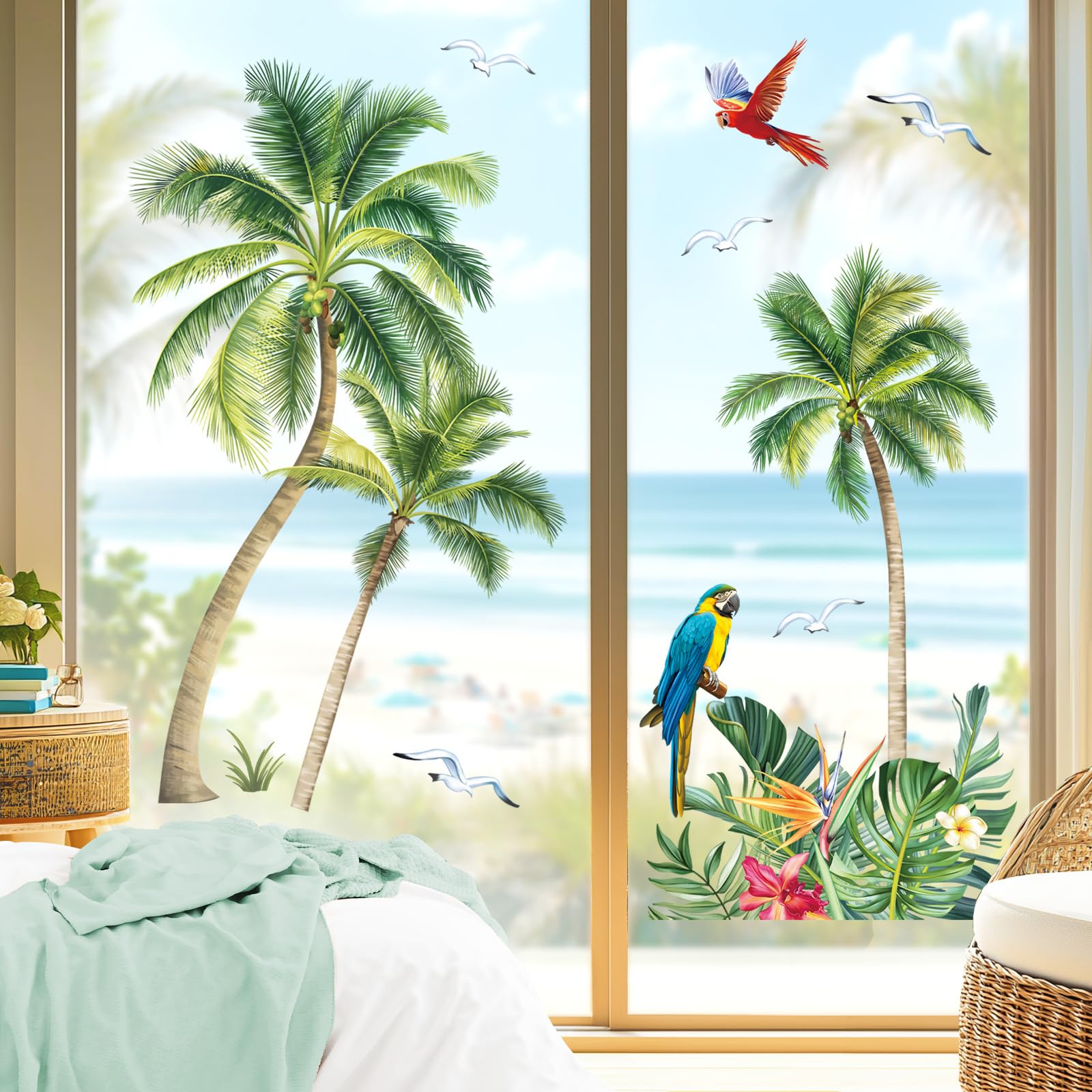 decalmile Autocollants Fenêtre Palmier Tropical Anti-Collision Stickers Plantes Feuilles Tropicales Vertes Été Stickers Vitre Anti-Adhésifs Fenêtre Porte Chambre Décalques