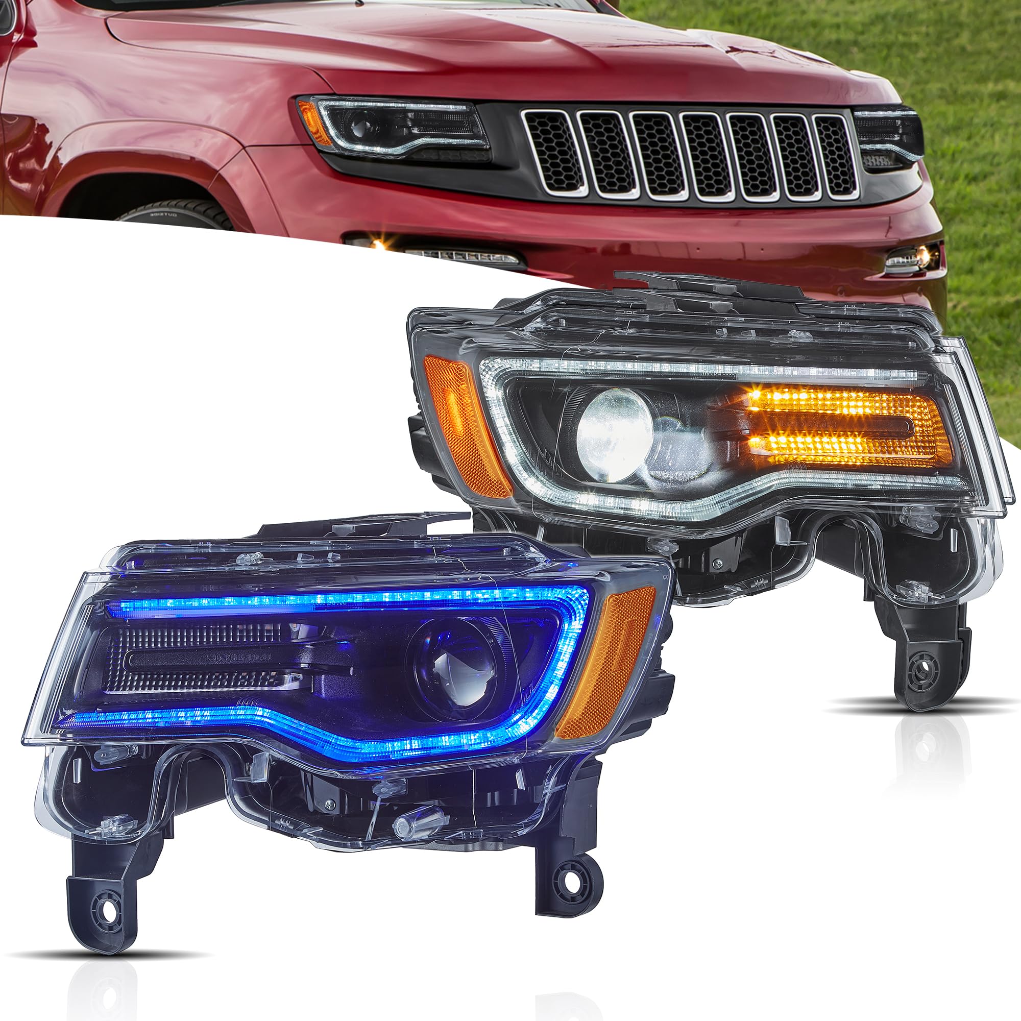 VLAND Reflektor Full LED Grand Cherokee WK2 2014-2021, Lampy przedni z dynamicznym wyświetlaczem (Czarny)