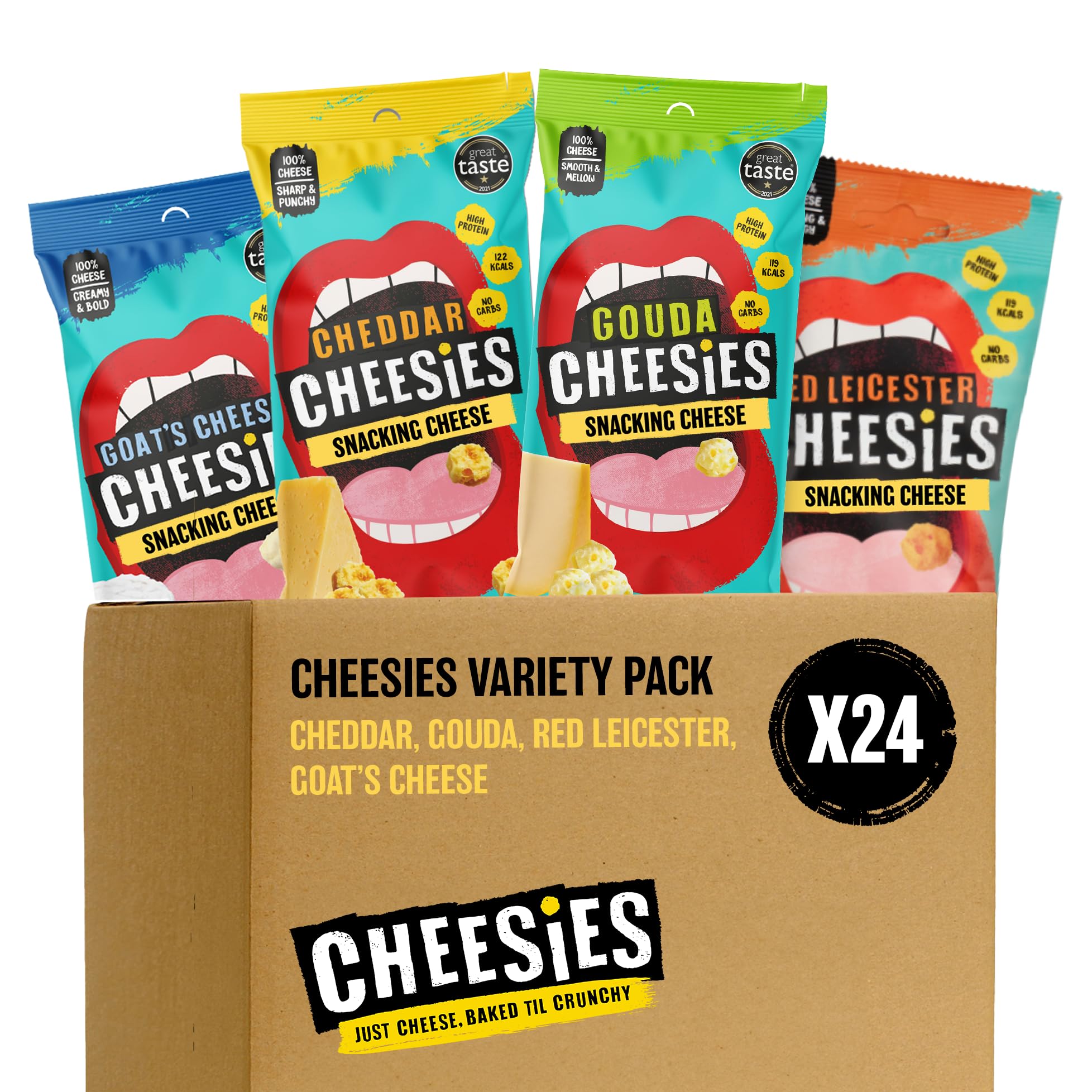 CheesiesCrunchy Snacking Cheese Keto Snack | Variety Pack | 100% Cheese | Sugar Free, Gluten Free, No Carb | High Protein and Vegetarian | Crunchy, Baked and Tasty | Multipack (20 g (Pack of 24))