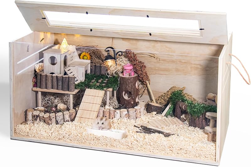 Jaula para hámster a prueba de masticar, jaula de madera para cobayas de 32 pulgadas para animales pequeños, parte superior que se puede abrir con paneles acrílicos de fácil visualización para hámster, conejo, cobaya, erizo (32 pulgadas de largo x 15,7 pulgadas de ancho x 15,7 pulgadas de alto)