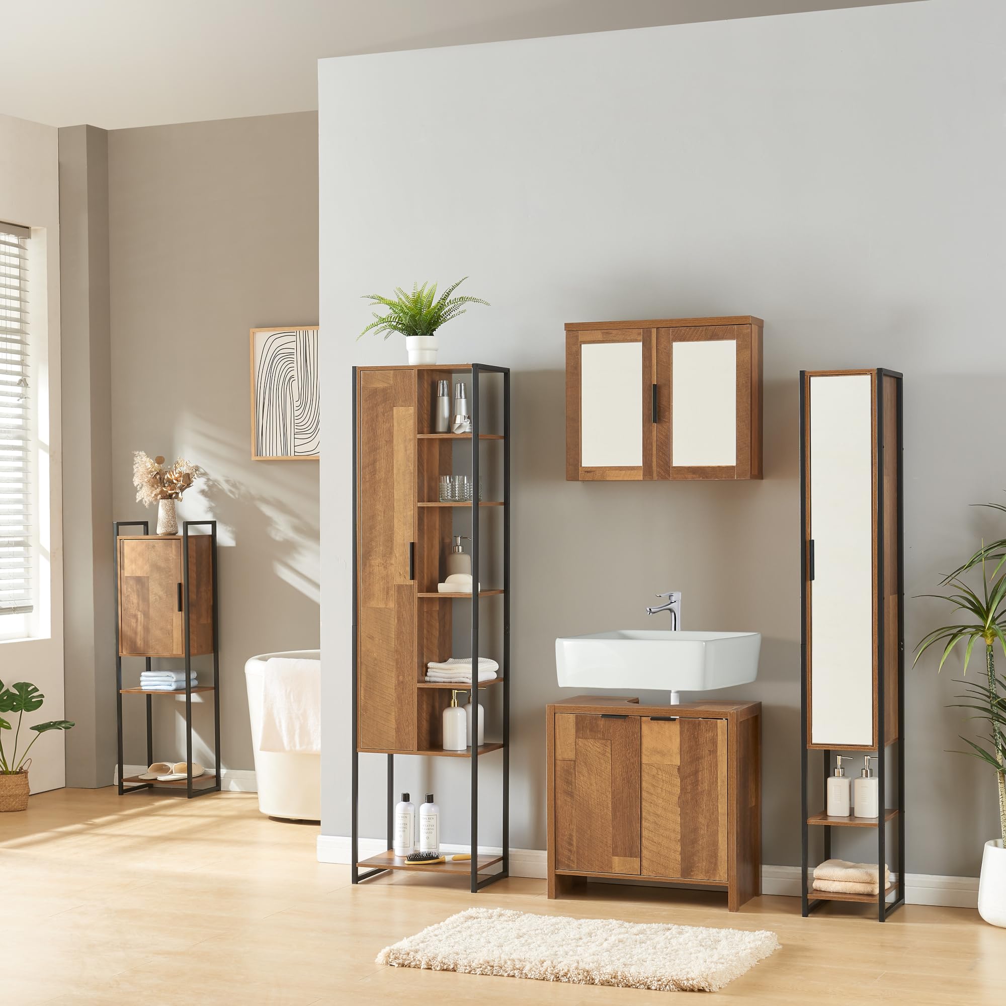[en.casa] Armadio da Bagno Mobile Basso da Terra per Bagno Arredo Bagno per Stoccaggio con Anta e Ripiani 115 x 35 x 25 cm Nero/effetto Legno Intarsiato color Noce