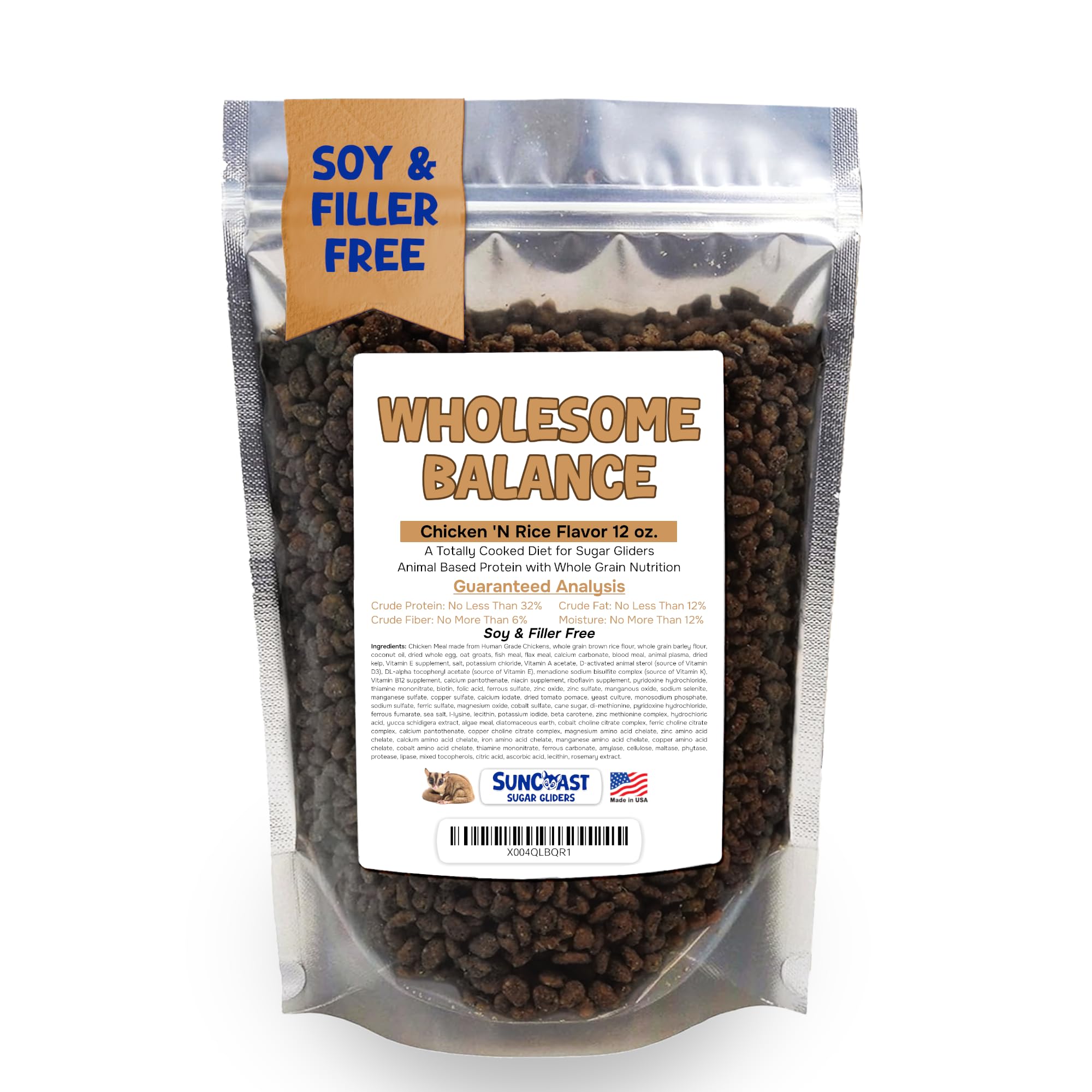 Wholesome Balance Sugar Glider Food - Chicken & Rice | 12 Ounces of Premium Dense Food for Sugar Gliders and Small Animals - 1 Months Supply