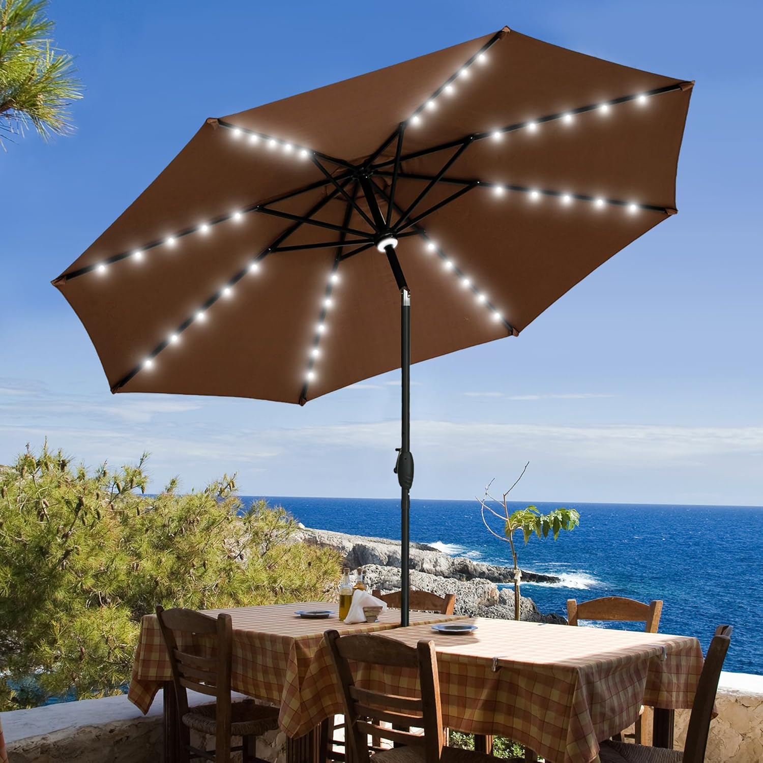 GDY 10Ft Patio Umbrella, Table Umbrella with 40 LED Lights, Outdoor Umbrellas for Patio, with Tilt and Crank, Center Light, for Garden, Deck, Backyard, Pool, and Beach.