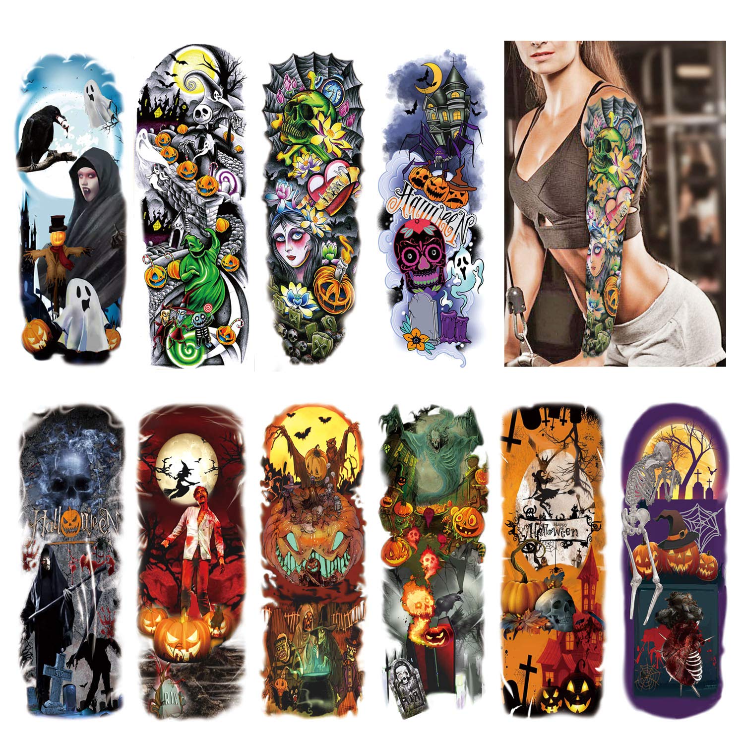 HOWAF Halloween Full Arm Temporary Tattoos, 10 Sheets Temporary Sleeve Tattoos, Nightmare Before Christmas Skull Pumpkin Ghost Fake Body Art Arm Tattoo Black Tattoo Stickers for Adults, Women, Men