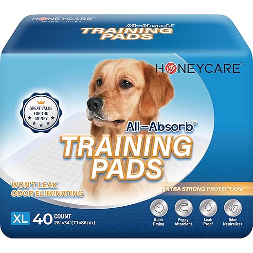 HONEY CARE All-Absorb, X-Large 28" x 34", 40 Count, Dog and Puppy Training Pads, Ultra Absorbent and Odor Eliminating, Leak-Proof 5-Layer Potty Training Pads with Quick-Dry Surface, Blue