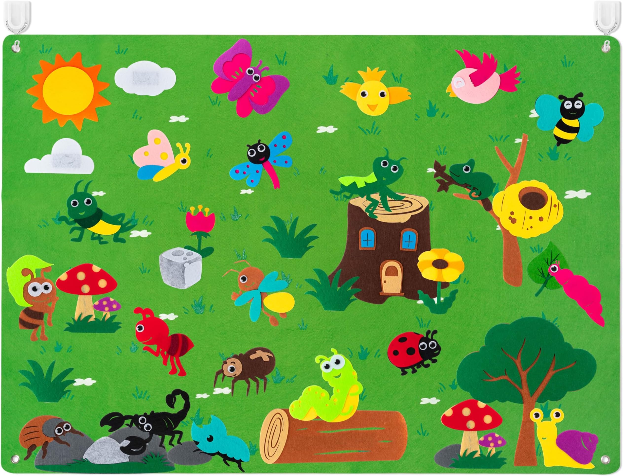 Insect Teaching Felt Board Story Set 3.5 Ft 45Pcs Preschool Bug Animals Caterpillar Bee Butterfly Dragonfly Storytelling Flannel Early Learning Play Kit Wall Hanging Gift for Toddlers (Green)