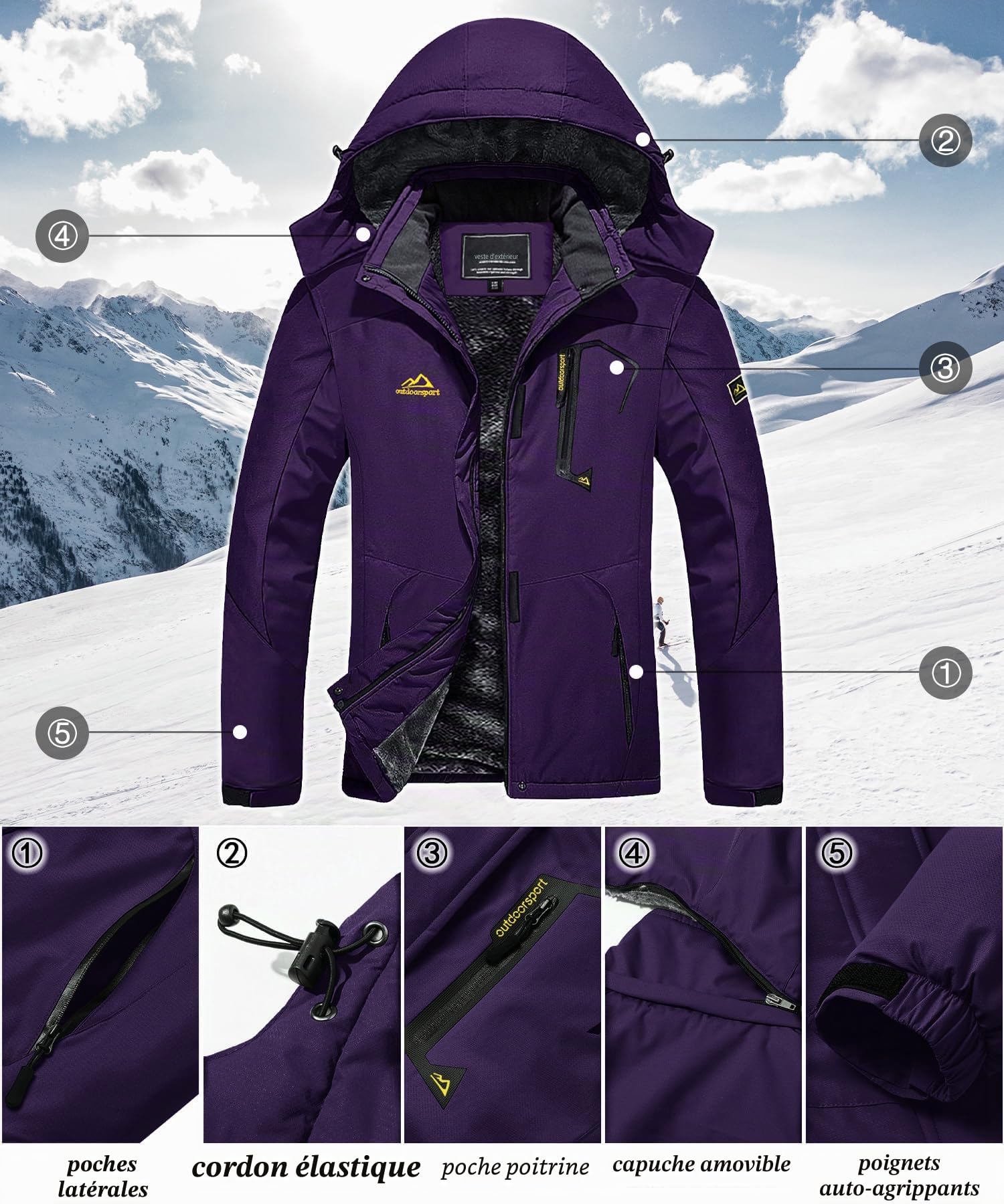 TACVASEN Veste Imperméable Femme Veste en Fleece pour Ski d'Hiver et Randonnée Extérieure avec Capuchon Détachable