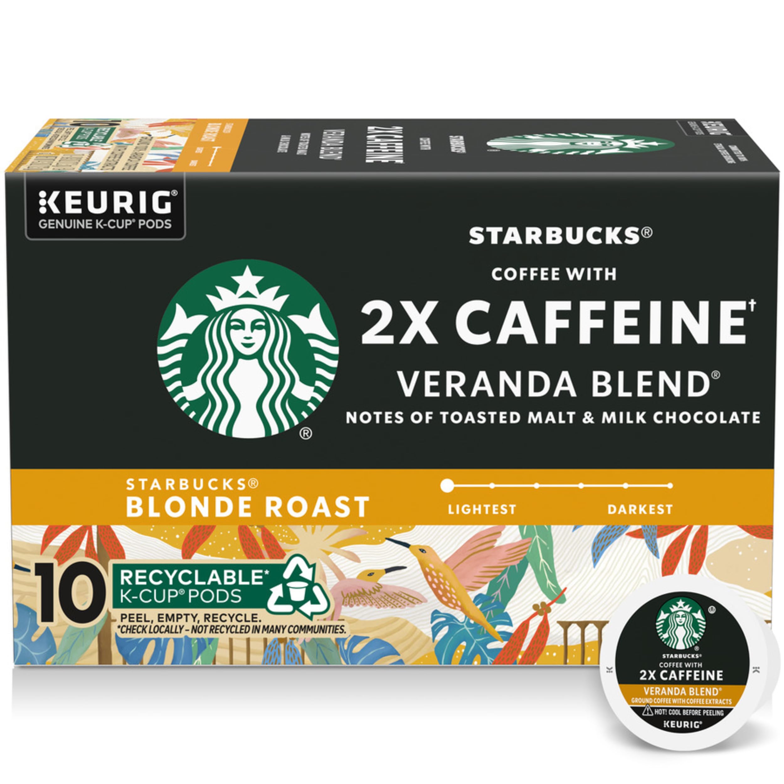 Starbucks K-Cup Coffee Pods, Starbucks Blonde Roast With 2X Caffeine, Hot or Iced Coffee, Veranda Blend, 10 Keurig Pods