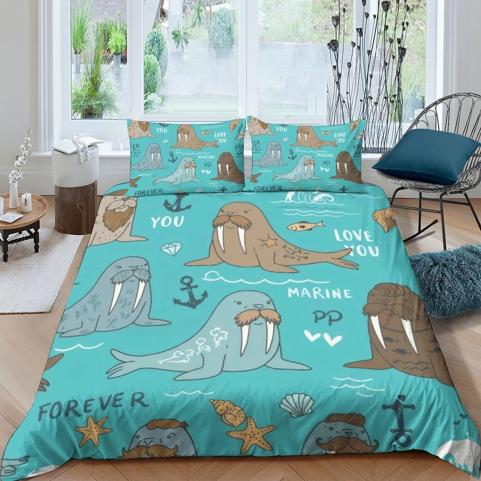 Ctjqhvkz Style-2 3D Printed Cartoon Walrus Fitted Sheet Microfiber Soft Turquoise Animal Bed Cover For Bedroom Guest Room Decor Single（135X200cm）
