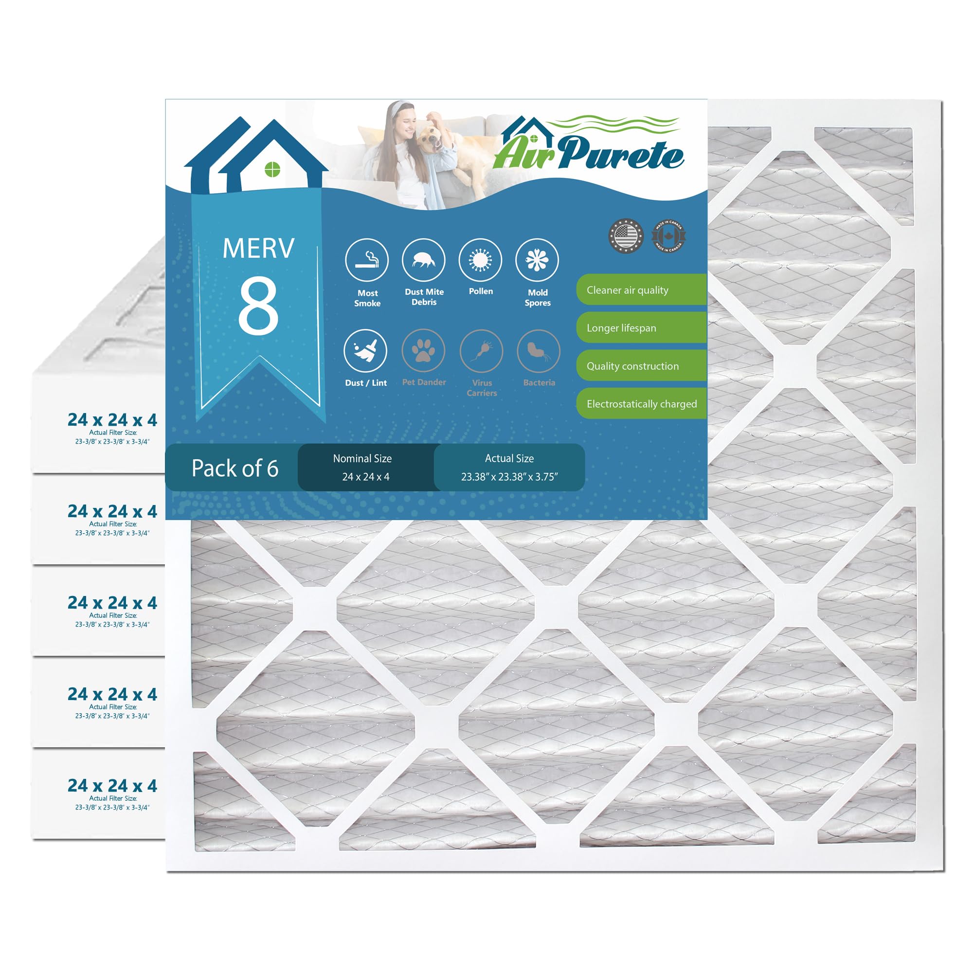 Air Purete 24 x 24 x 4 MERV 8 plisowany filtr powietrza (MPR 700) do filtrów piecowych HVAC AC, AP-CF24244 rzeczywisty rozmiar 23,38 x 23,38 x 3,75, opakowanie 6 sztuk