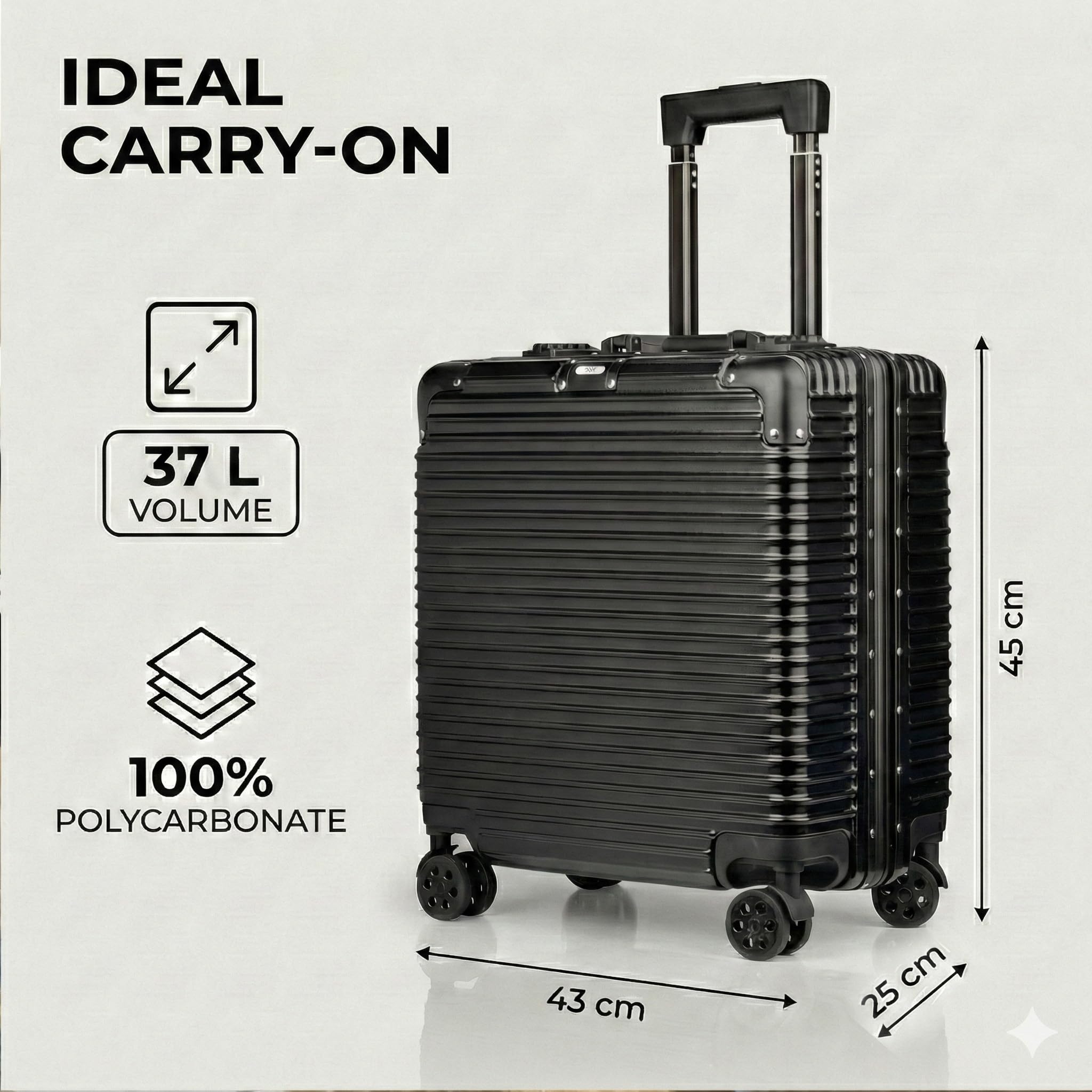 POSH Maleta rígida de pilotos para equipaje de mano, marco de aluminio y cierre a presión, 37 L, 45 x 43 x 25 cm, 100% policarbonato, candado TSA, con 4 ruedas