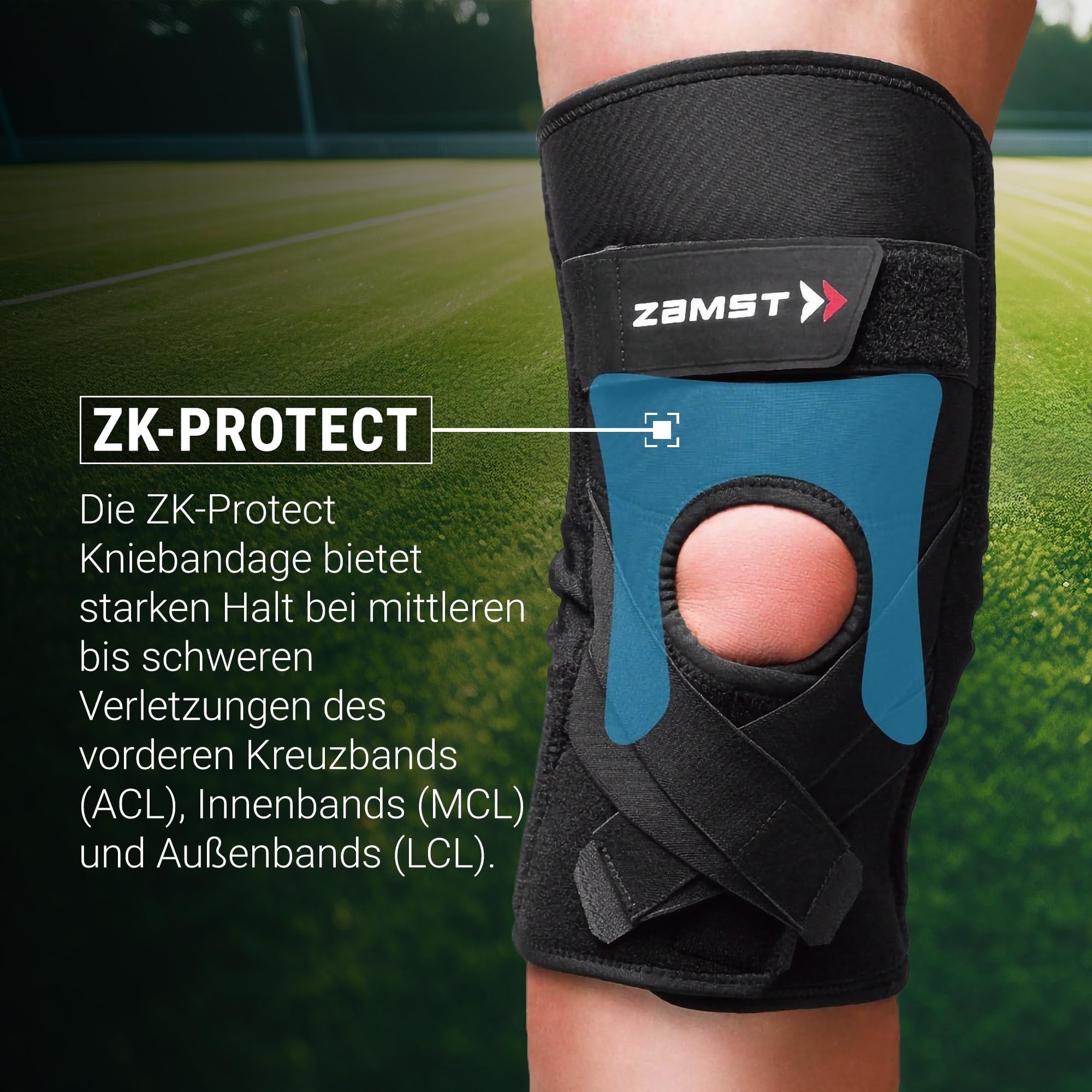 Zamst ZK-Protect Kniebandage Sport, Flexible Harz-Stütze - Kniestütze bei Verstauchungen am Kreuz-, Innen- & Außenband - Basketball, Volleyball, Fußball, Skifahren