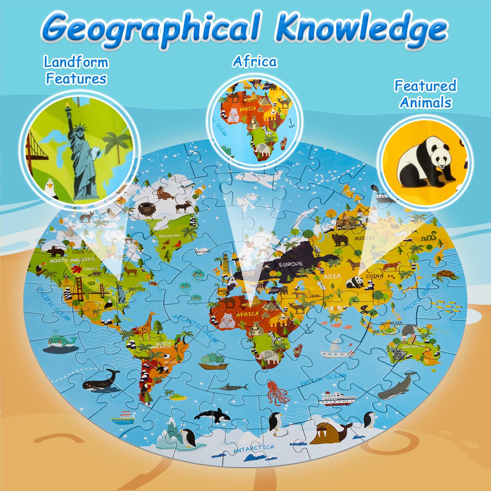 Puzzle Bambini 3 Anni, 70 Pezzi di Puzzle Della Mappa del Mondo, Giochi per Bambini Puzzle Cartone Materiale, Regalo Bambina per Feste di Compleanno 4 5 6 7 8 9 10 Anni