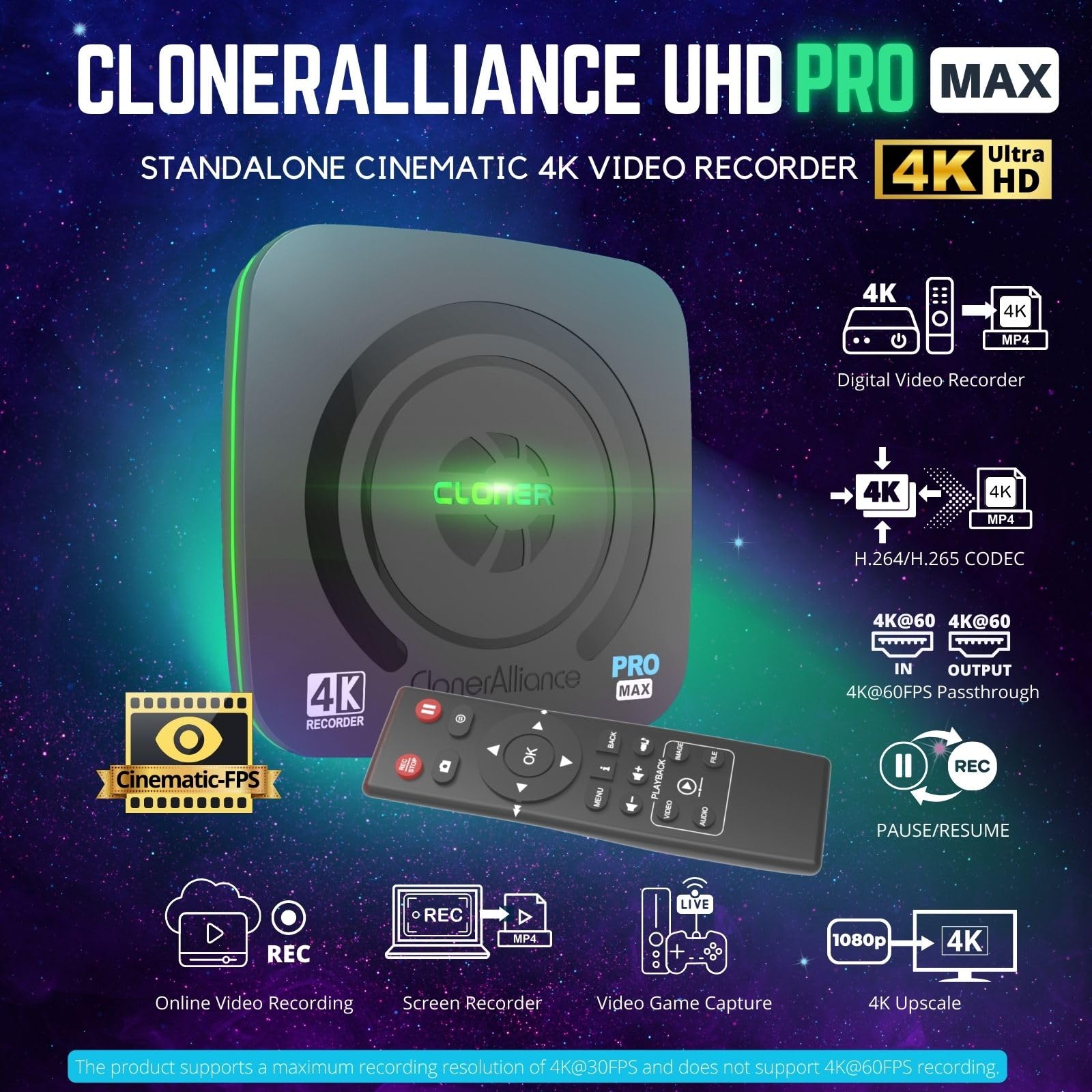 ClonerAlliance Videoregistratore UHD Pro Max 4K@24fps H.265/H.264 HDMI Capture DVR