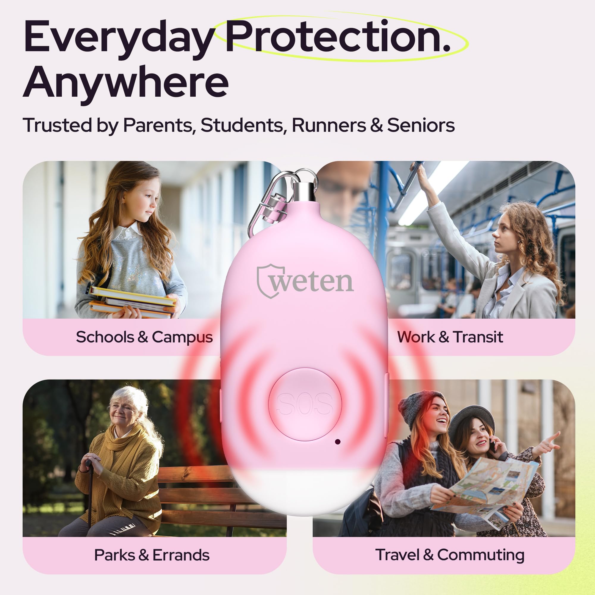 WETEN Llavero de alarma recargable de autodefensa, anillo de sirena personal de emergencia de 130 dB con luz LED, llavero de dispositivo de alerta de seguridad SOS para mujeres, niños, ancianos y