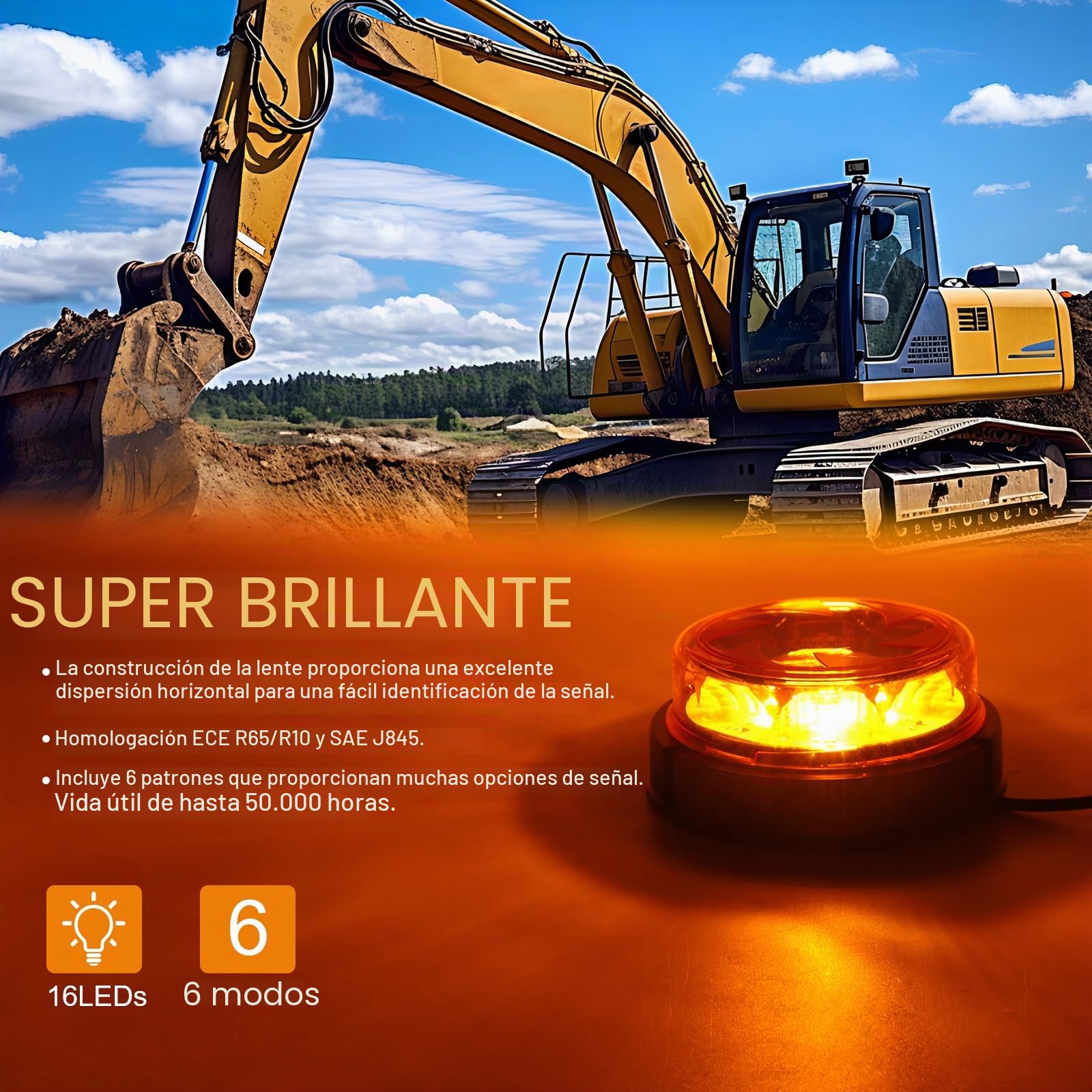 Advertencia Rotativo Beacon LED Naranja 12V 24V con 2 Rotación + 4 Strobe model, Luce intermitentes de emergencia orange Impermeable, E-marca,ECE R65,E9,R10-06