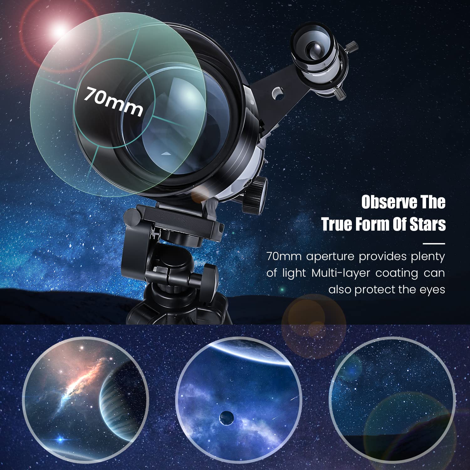 Telescopio Astronómico para Niños y Adultos, Apertura de 70mm, Distancia Focal de 300mm, Zoom 15X-150X, Incluye Trípode, Adaptador para Teléfono Móvil y Bolso de Transporte