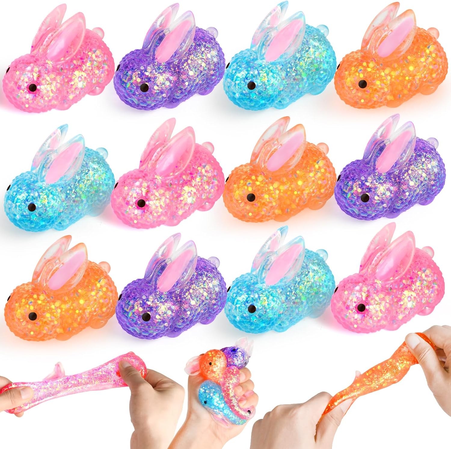 12 Pack Colorful Bunny Squishy Toys, Stress Relief Squeeze Toys Bulk, Birthday Party Favors for Kids 3-5,4-8, Boys Girls Party Supplies Novelty Prizes Classroom Gifts