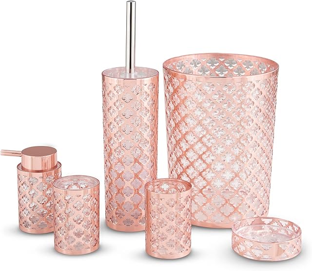 LIVIVO Stylish 6pc Bathroom & Sink Accessory Set - Modern Vanity Organiser Kit Include Tumbler, Toothbrush & Toilet Brush Holder, Lotion Dispenser, Soap Dish & Trash Bin (Rose Gold Lattice)