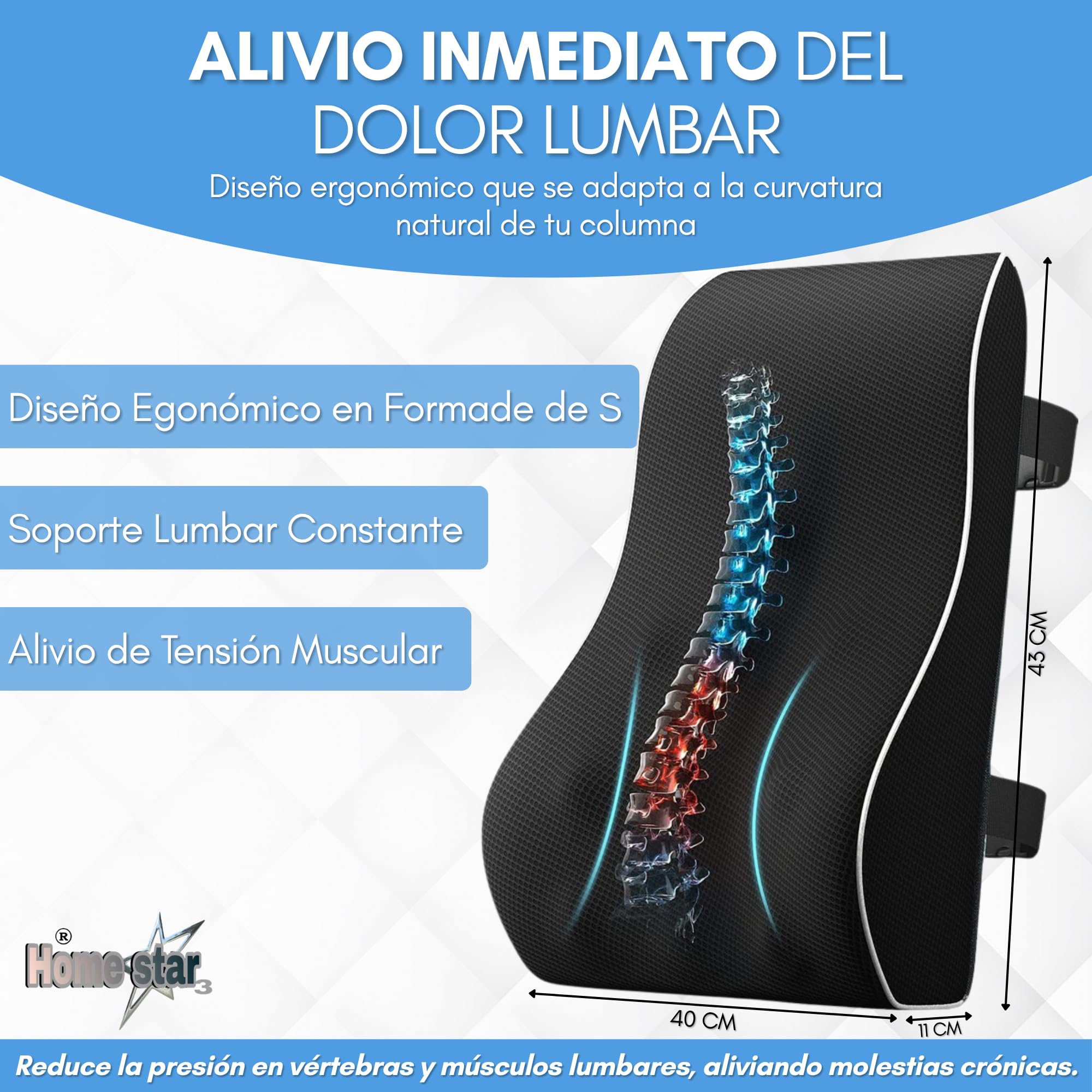 Cojín Lumbar Ergonómico para Dolor de Espalda – Soporte Espalda Baja para Silla Oficina y Coche – Memory Foam Viscoelástica Transpirable – Respaldo Ortopédico Ajustable