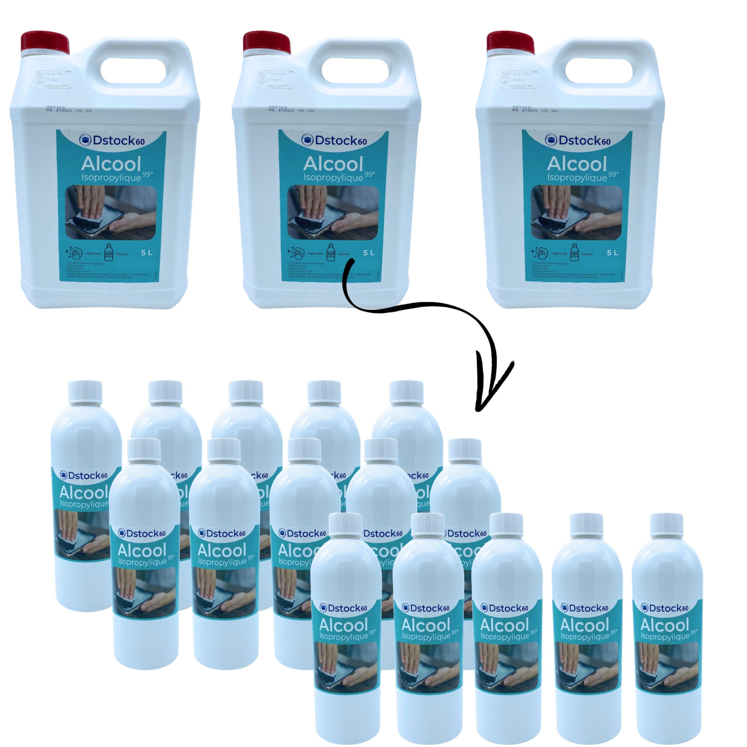 DSTOCK60 – 5 litres d’Alcool Isopropylique 99% extra pur - Isopropanol liquide IPA parfait comme solvant, nettoyant et dégraissant - Lot de 3