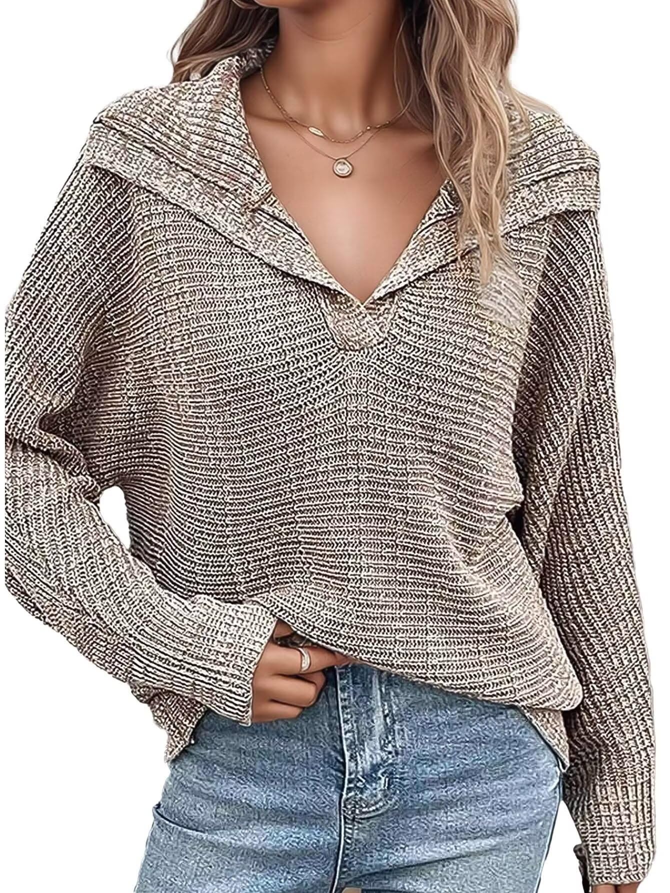 Flamingals Womens Long Sleeve Lapel Collared V Neck Sweaters Ribbed Knit Business Dressy Casual Pullover Sweater Tops