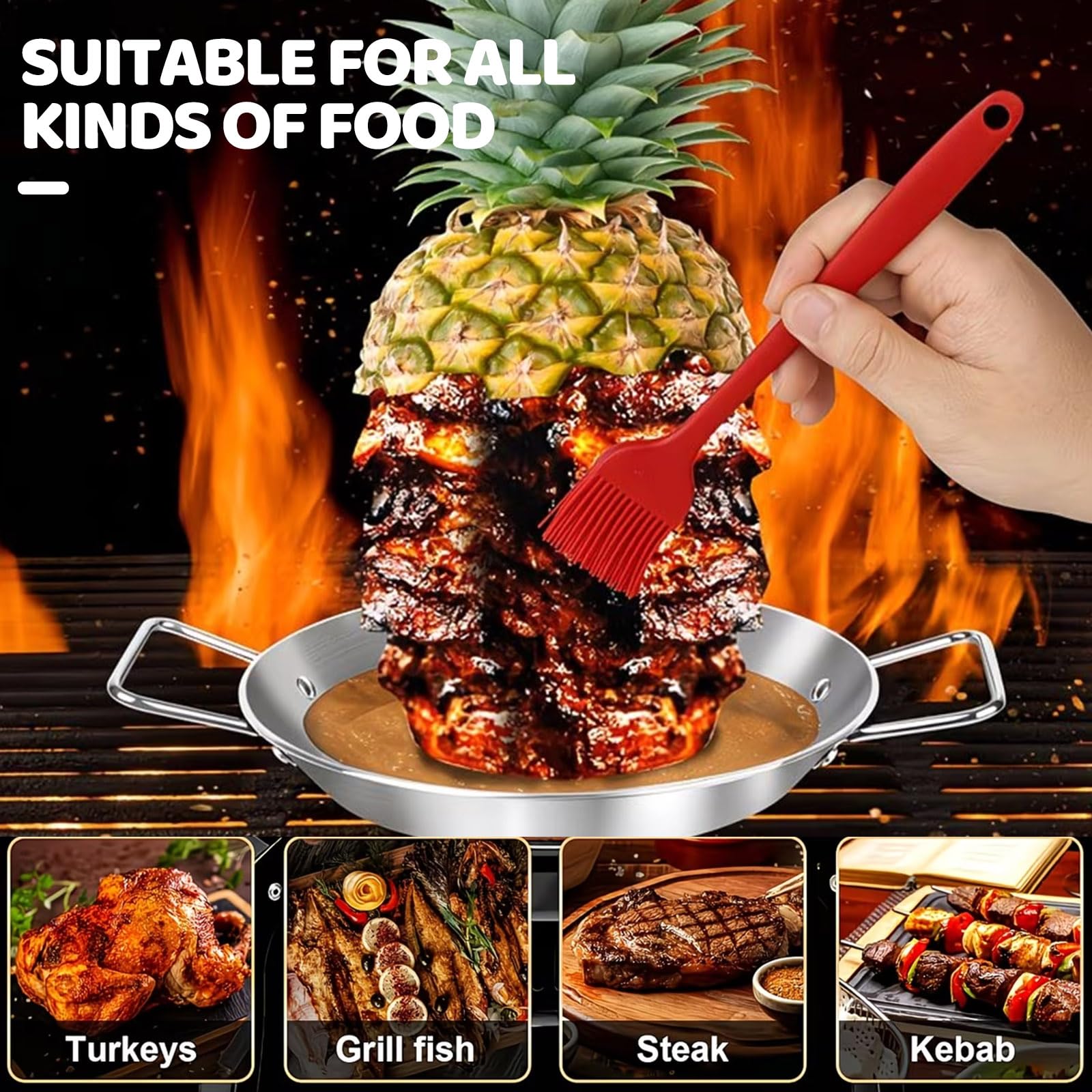 Supporto verticale per spiedini per kebab, in acciaio inox, con 25,4 cm, 5 punte in acciaio inox, 2 spazzole per olio, guanti in silicone, cuscinetto isolante termico per grigliare la carne