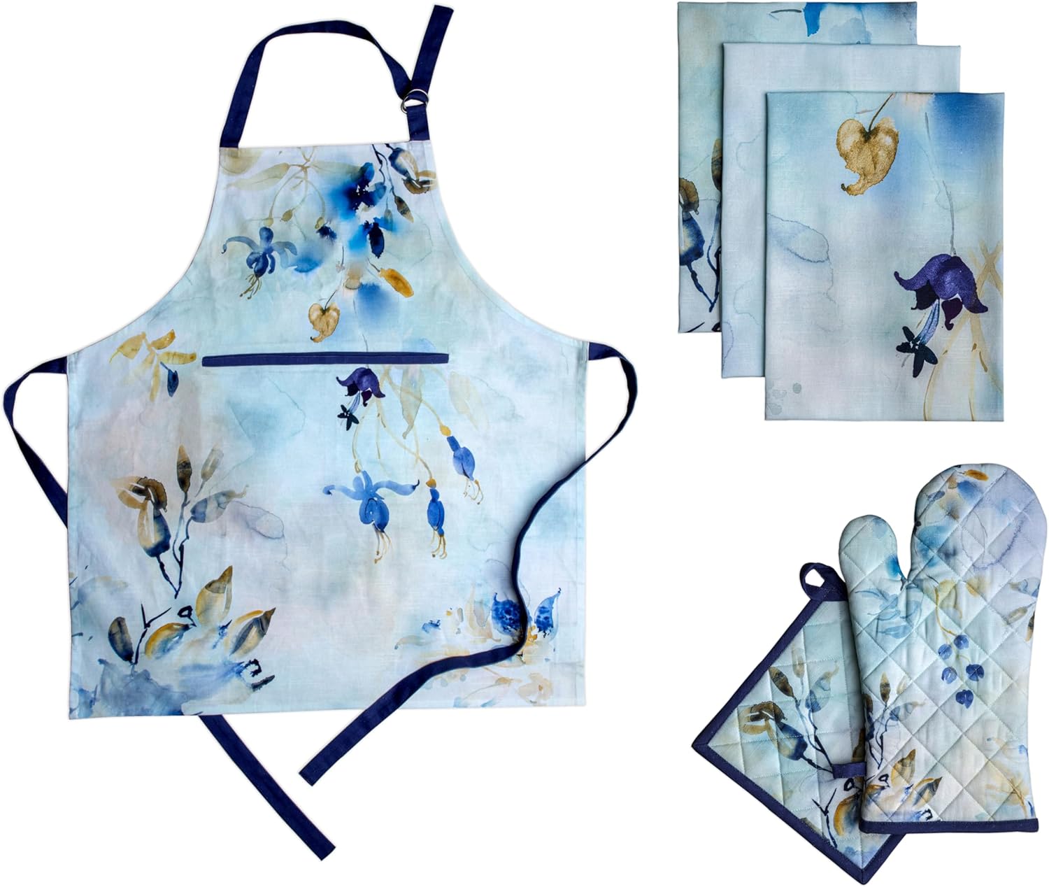 Maison d' Hermine Lazy Summer Days Bundle Set 100% Cotton Apron(27.50 Inch by 31.50 Inch), Set of 3 Kitchen Towels(20 Inch by 27.5 Inch) and Oven Mitt(7.5 Inch by 13 Inch)/Pot Holder(8 Inch by 8 Inch)