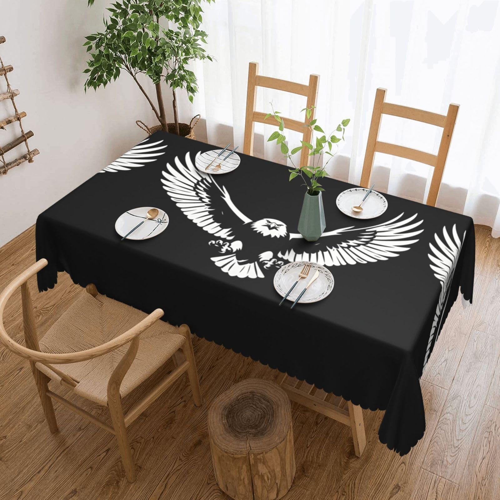 CNTDBU Black and White Eagle Scalloped Edge Tablecloth 54x72-Waterproof Stain Resistant Wrinkle Free Cover, Square Table Cloth for Dining Party