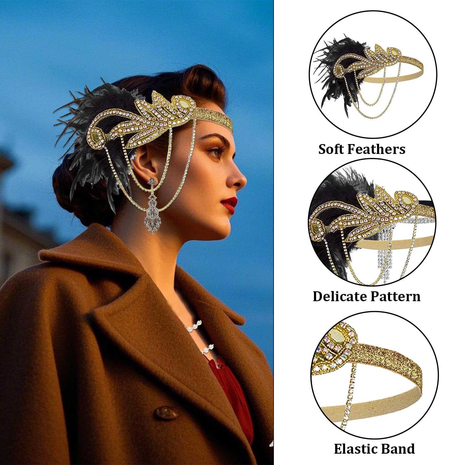 1920s Accessories Women,Great Gatsby Women's Accessories Vintage Set Includes Long Gloves,Earrings,Pearl Necklace,Feather Gold Headband,Smoking Pipe,Flapper Accessories Perfect for Masquerade Party - Image 3