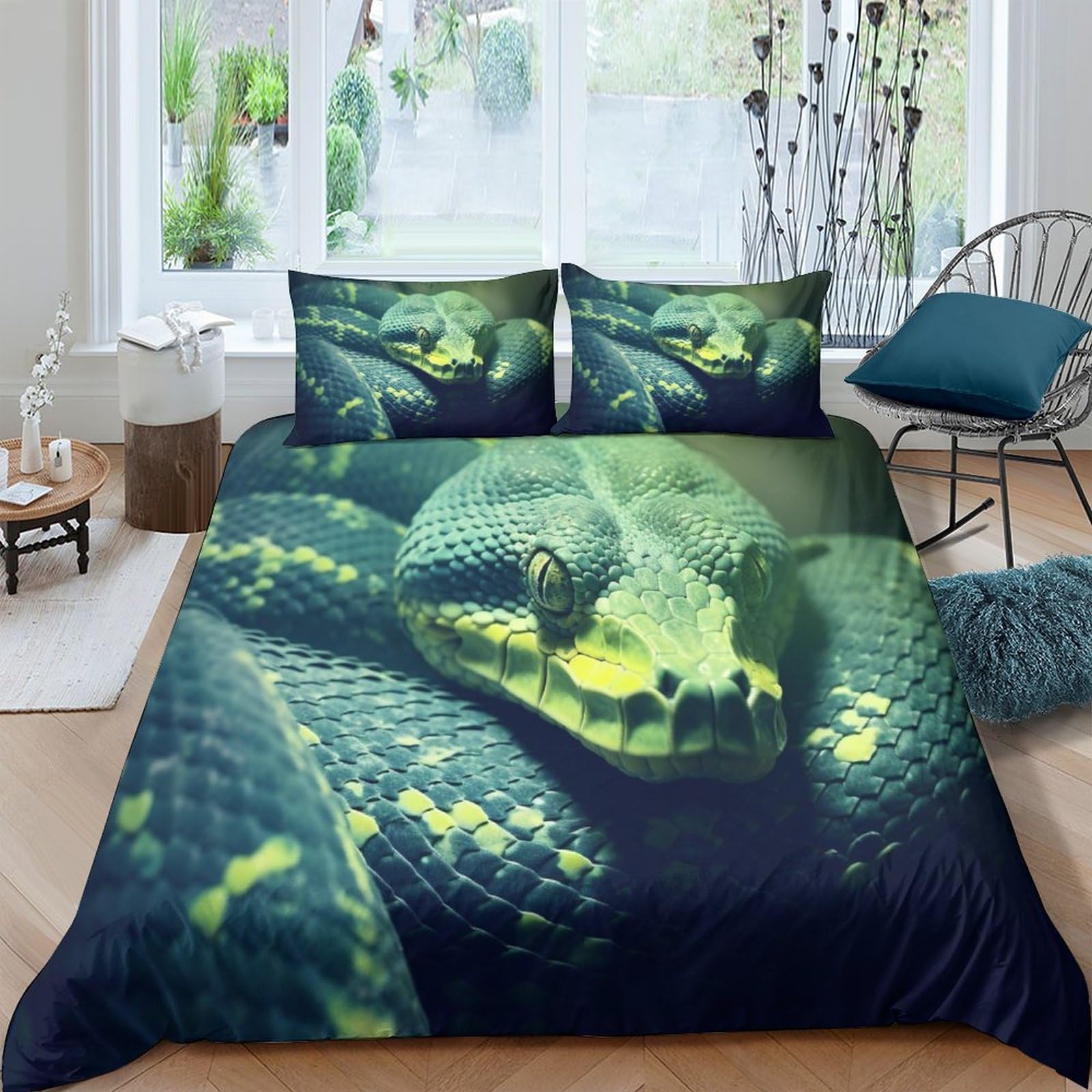 Housse de couette serpent imprimé 3D parure de lit double 200x200 cm chic en microfibre