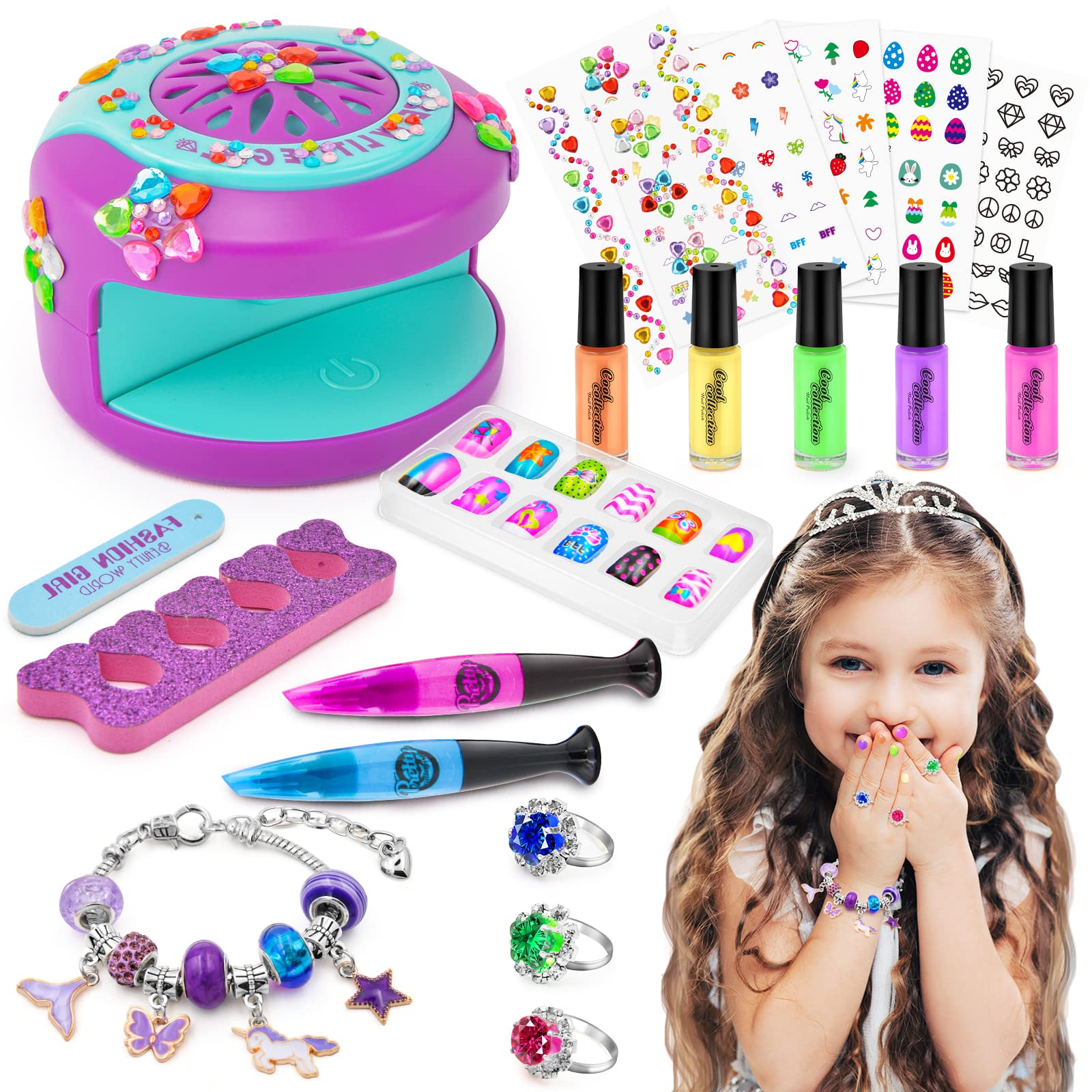 PUPPSITTY Kids Nail Polish Set for Girls, DIY Nail Art Kit Toys with Nail Dryer,Fake Nail,Nail Sticker,Peelable Nail Polish, Non-Toxic Quick Dry Nail Art Salon Toys for Girls Age 6-12
